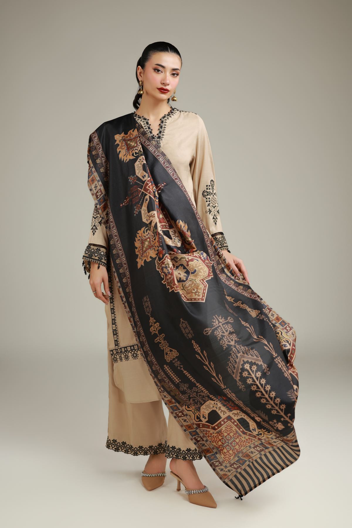 Embroidered Polyester Silk Black Printed Dupatta - 2-26-106-A-E-VG
