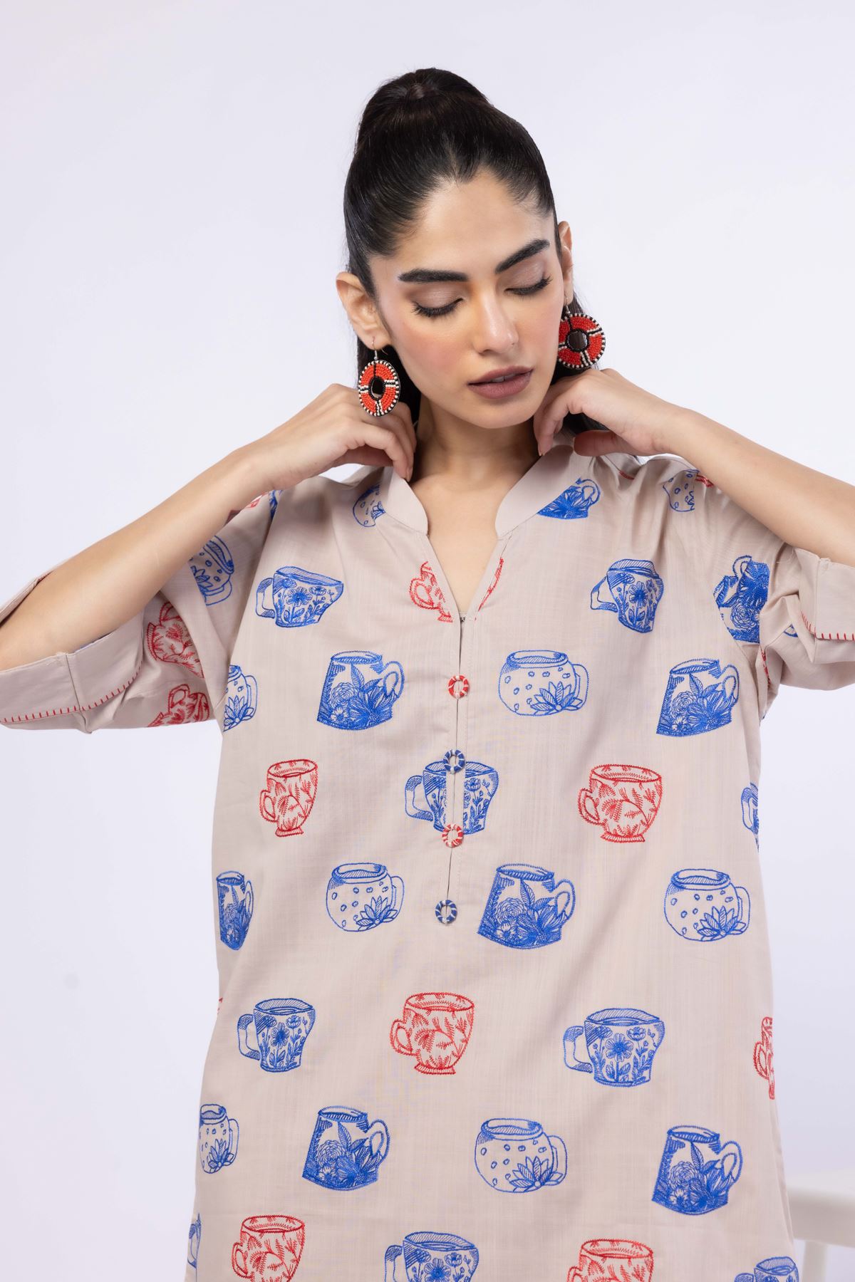 Embroidered Crosshatch Poplin Kurta - 25-09-9S3-07TB-VG