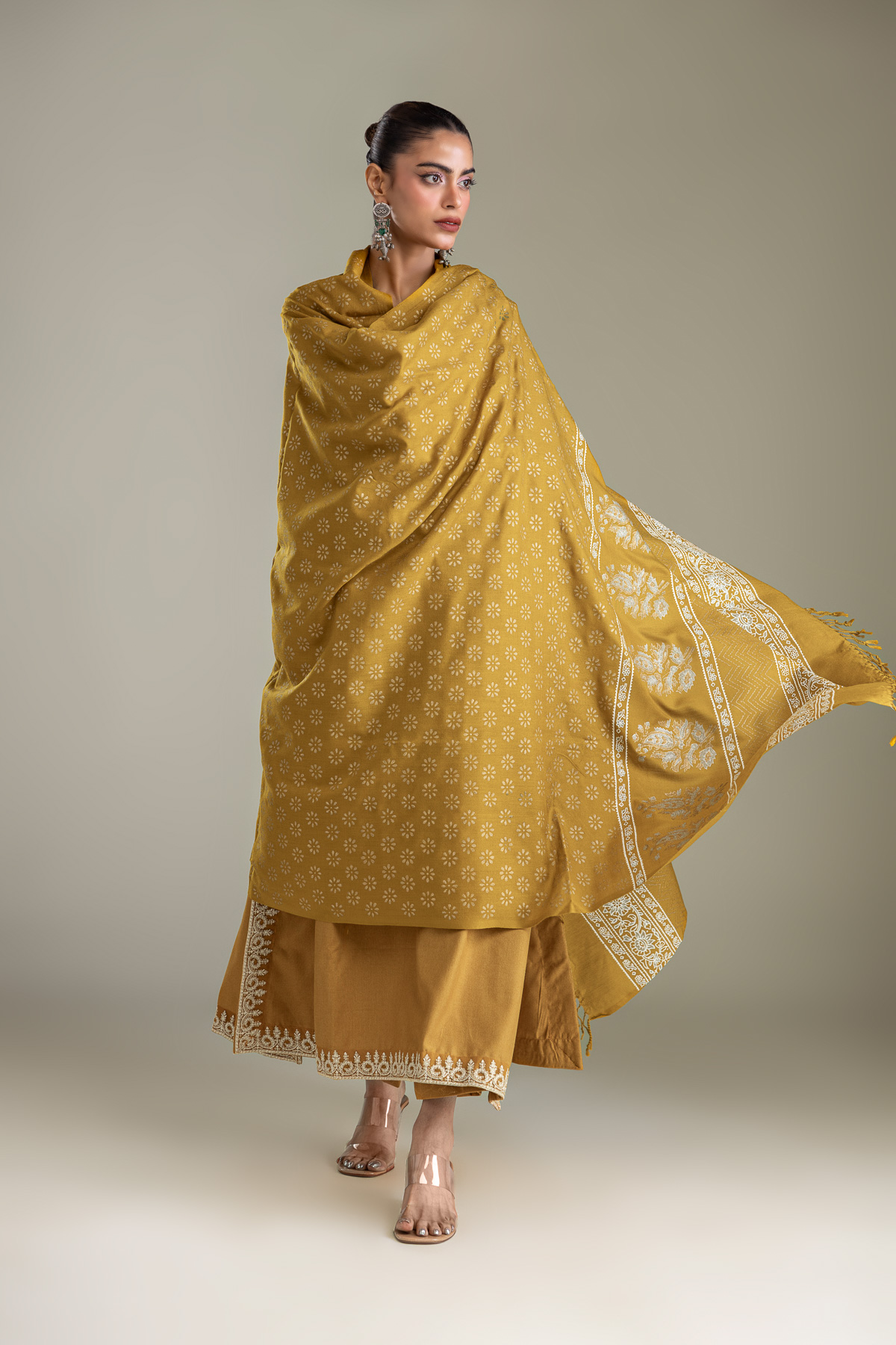 Embroidered Rashmina Acrylic Mustard Floral Shawl - 1-26-433-A-C1-VG