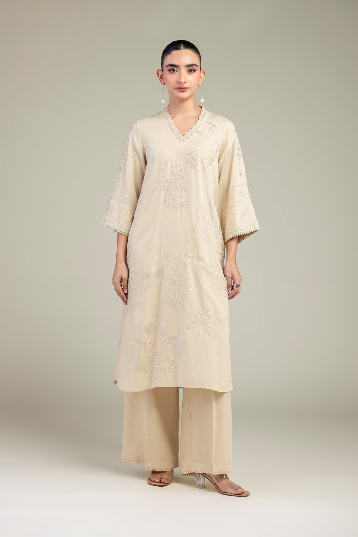 Embroidered Raw Silk Floral V-Neck Kurta - A22-26-214FH1-VG