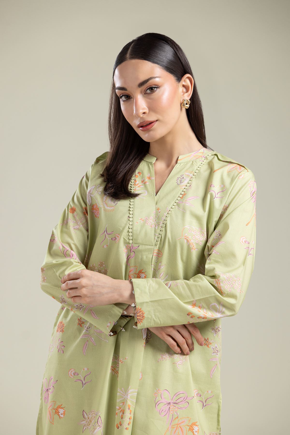 Printed Cotton Viscose Floral V-Neck Kurta - 1-26-135-A-D-VG