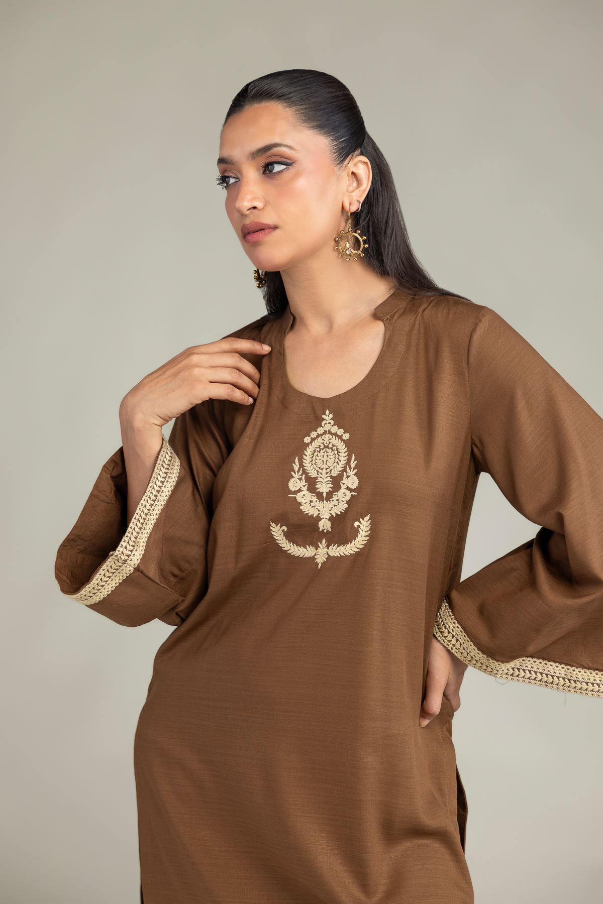 Dyed Raw Silk Solid Brown Kurta - 8-26-301-A-C1-VG