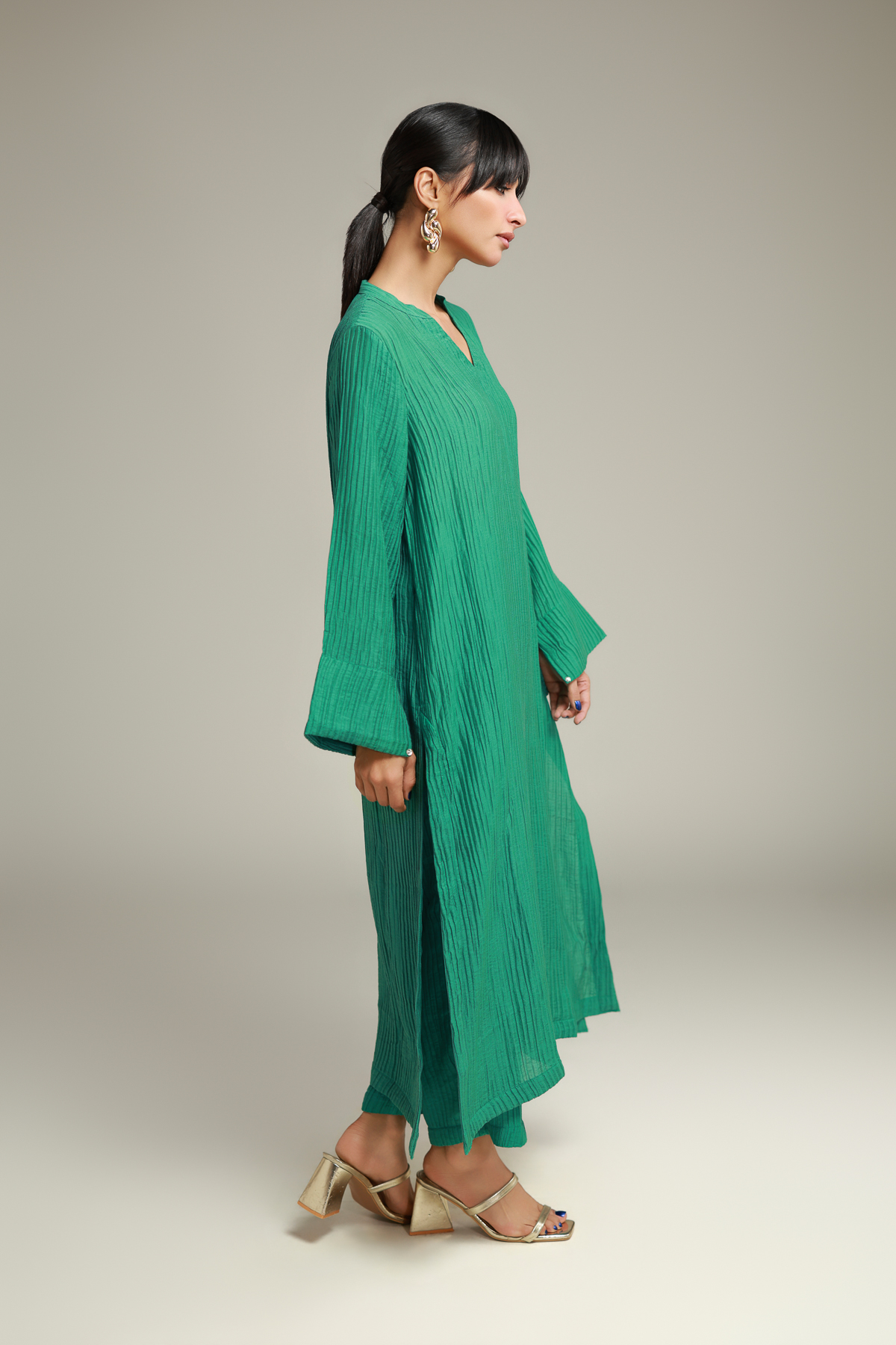 Dyed Blended Crinkle Solid Long Kurta - R-SB25056A-VG