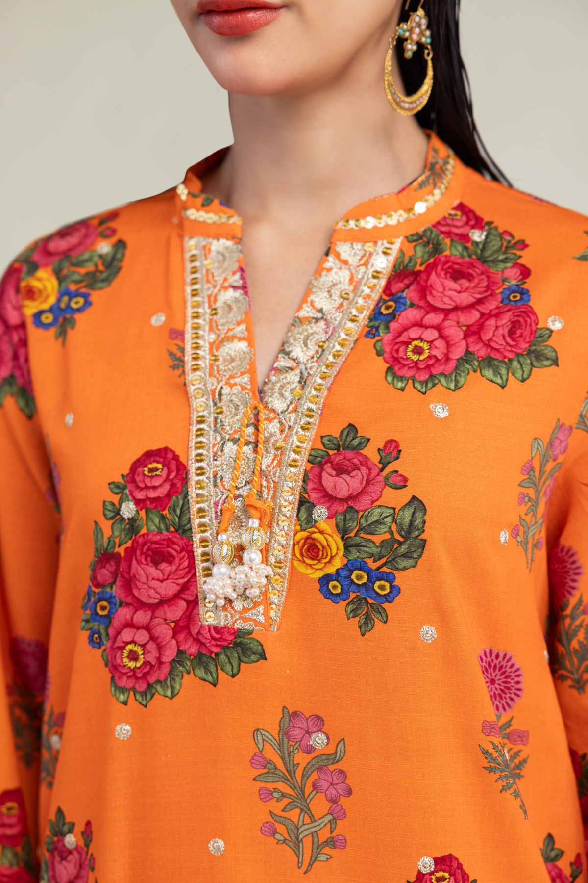 Embroidered Raw Silk Orange Floral Kurta - 1-26-221-A-G1-VG