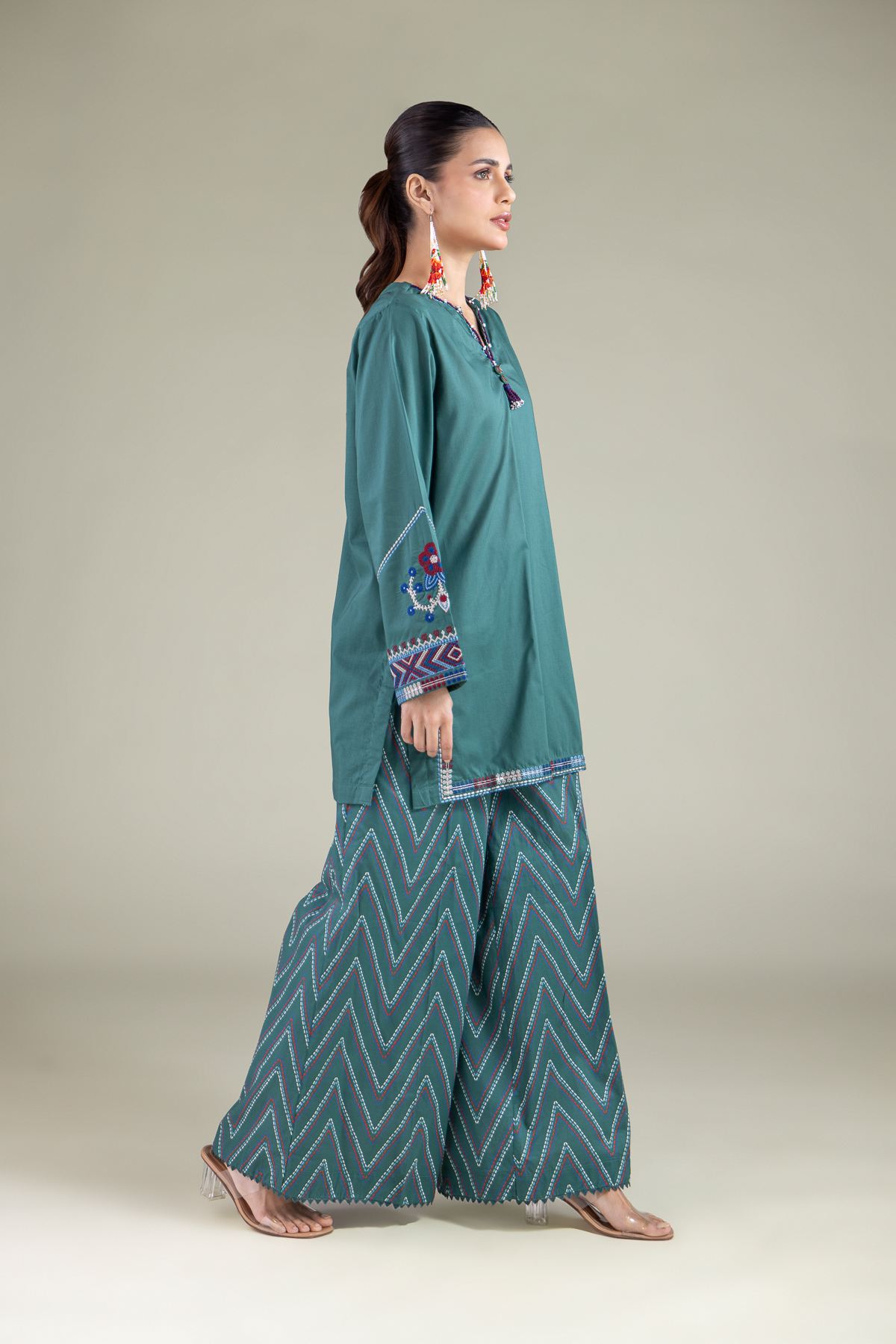 Embroidered Cambric Teal Pants - 2-26-104-A-E-VG