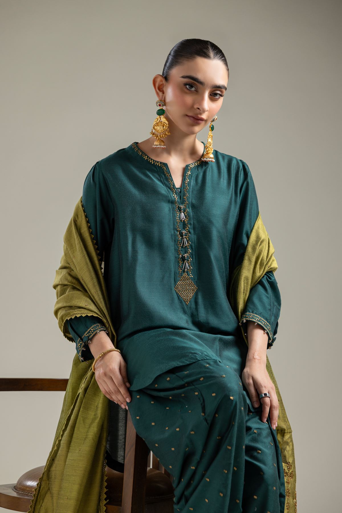 Raw Silk Green V-Neck Kurta - 2-26-107-A-F-VG