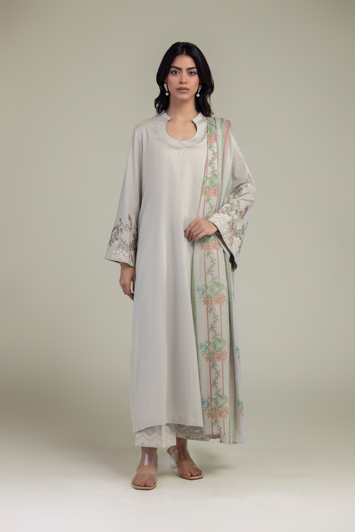 Embroidered Lawn Floral Cambric Dupatta - 1-26-102-A-F-VG