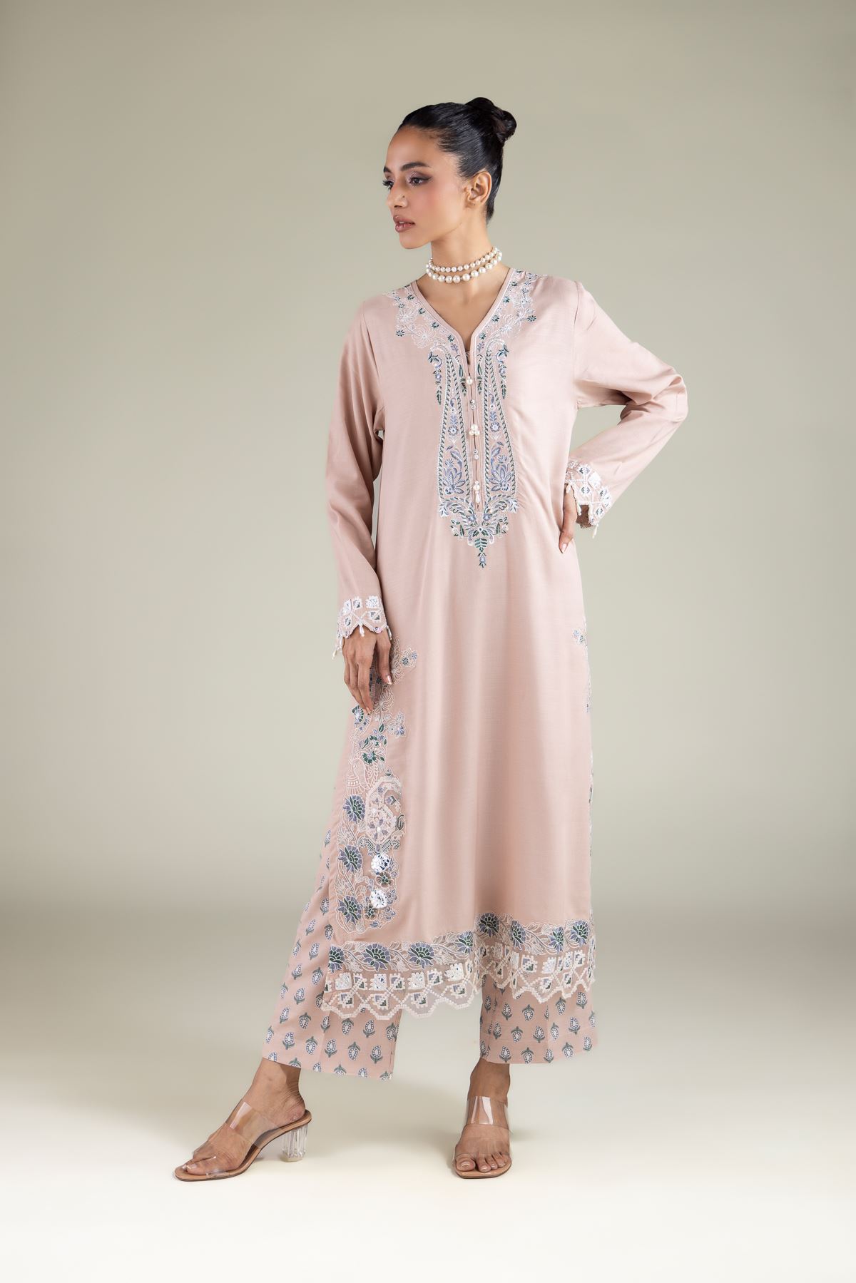 Embroidered Raw Silk Floral Longline Kurta - 2-26-112-A-B-VG