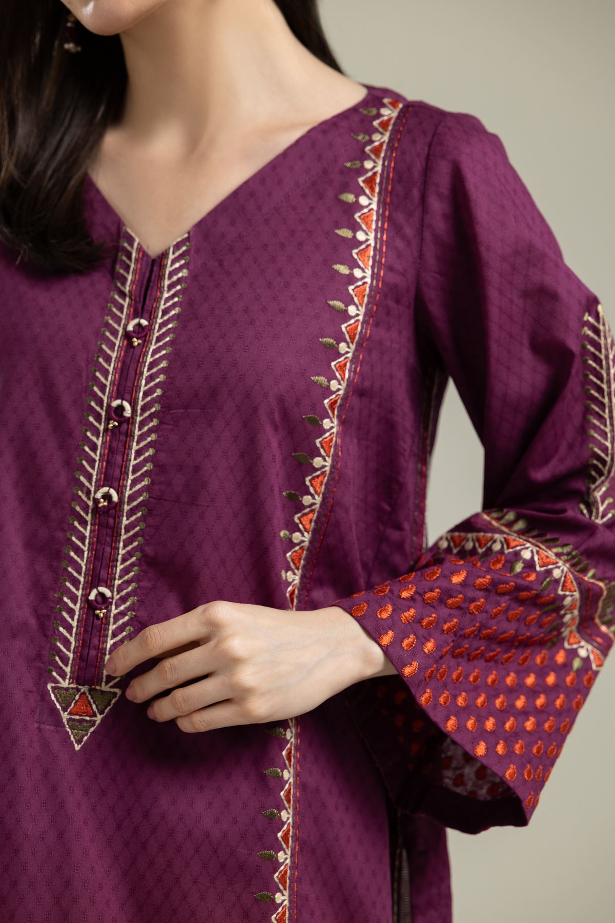 Embroidered Cotton Dobby V-Neck Cotton Kurta - 2-26-202-A-E-VG