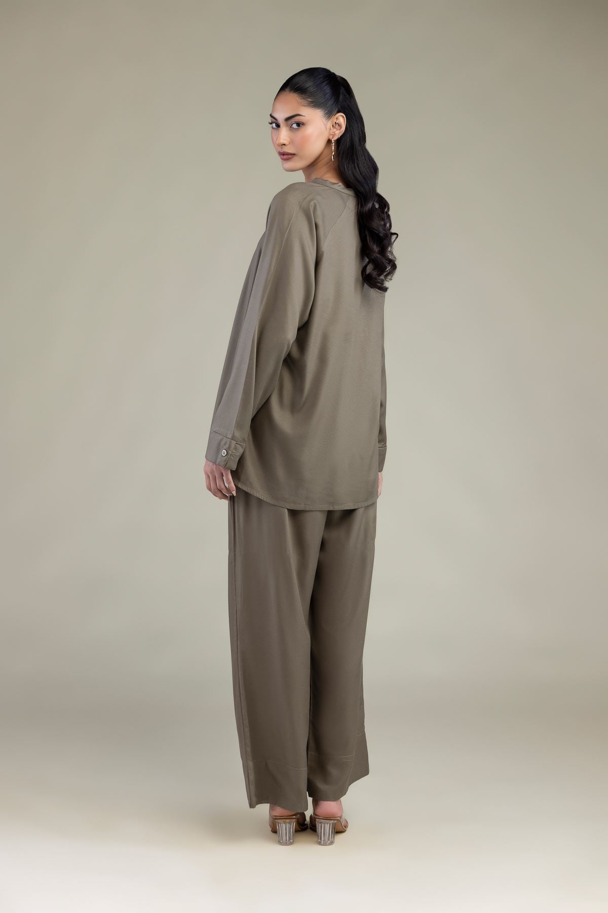 Embroidered Viscose Crepe Olive V-Neck Tunic - 2-26-308-A-B1-VG