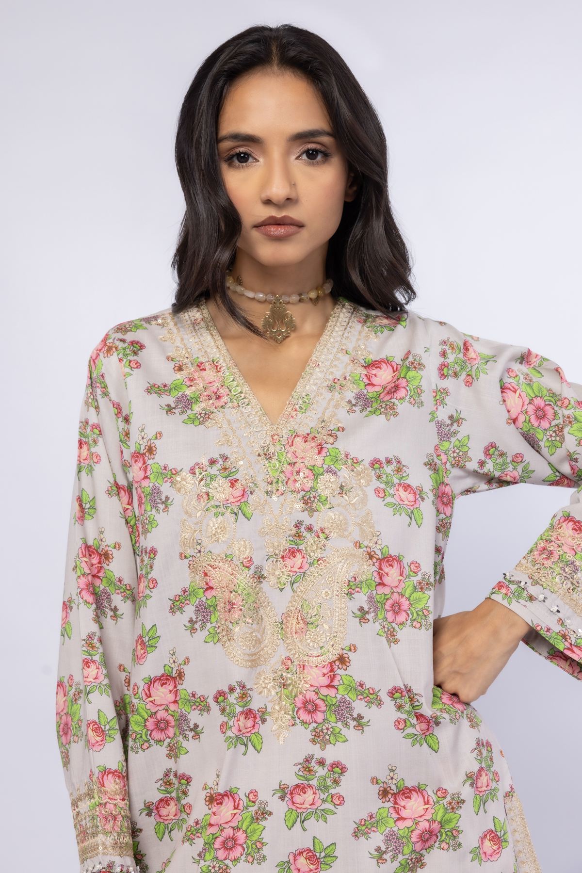 Embroidered Crosshatch Raw Silk Kurta - 25-08-8E6-02TA-VG