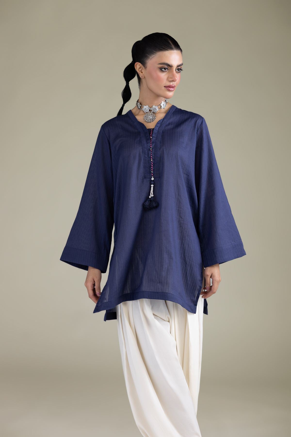 Dyed Cotton Dobby Navy V-Neck Kurta - 25-10-12E6-07TA-VG