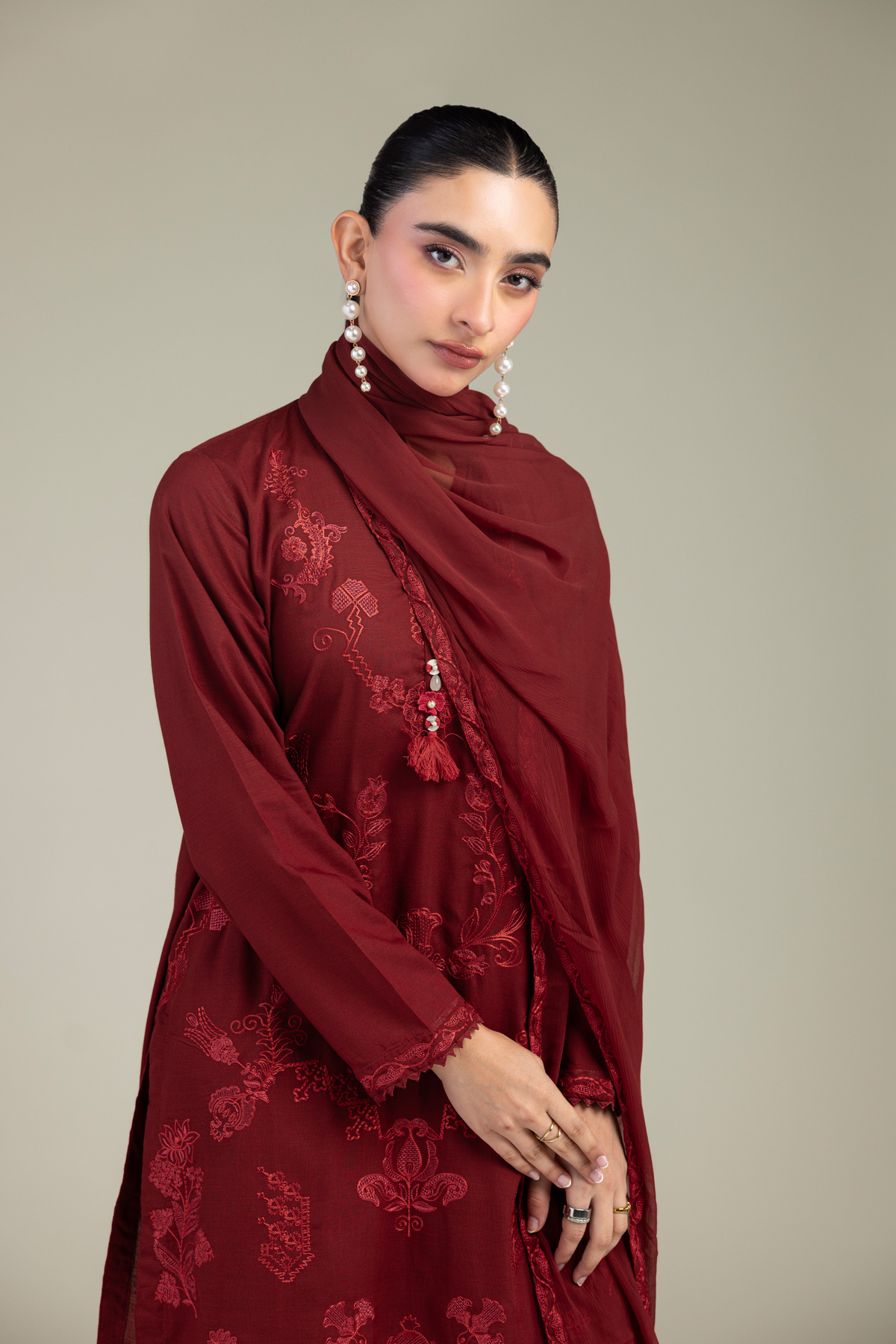Embroidered Chiffon Maroon Chiffon Dupatta - 1-26-309-B-D1-VG