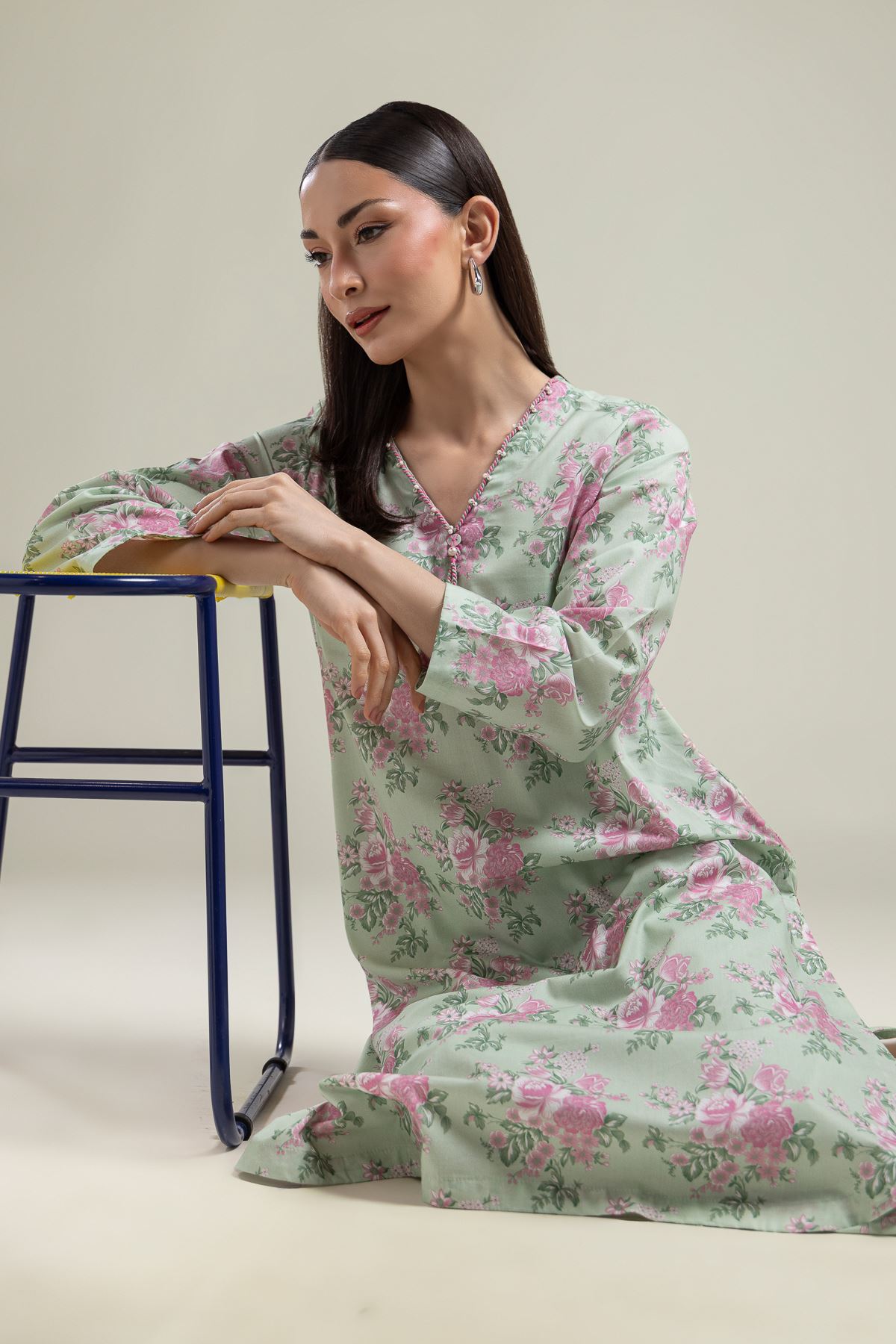 Printed Cotton Viscose Long Floral Kurta - 2-26-109-A-H-VG