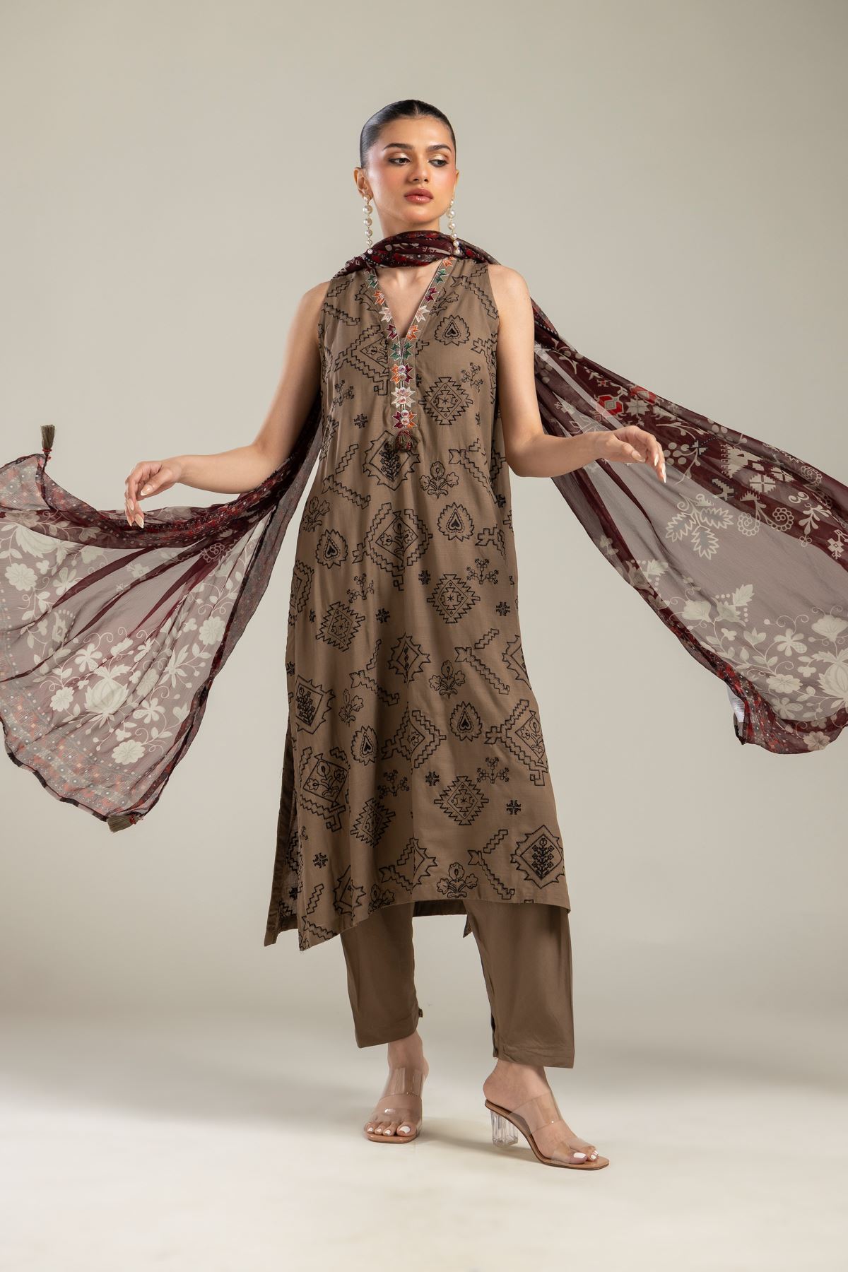 Embroidered Chiffon Maroon Floral Dupatta - 2-26-109-A-F-VG