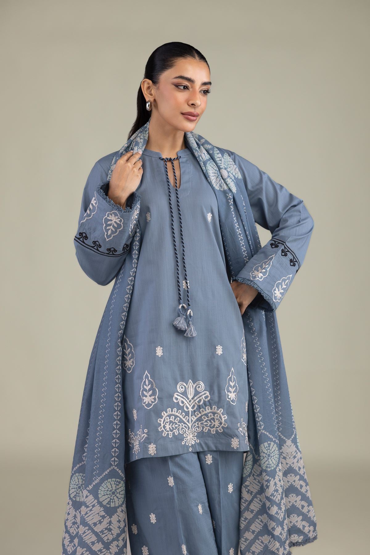 Textured Cotton Embroidered Blue Cotton Kurta - 25-07-7E2-08BB-VG