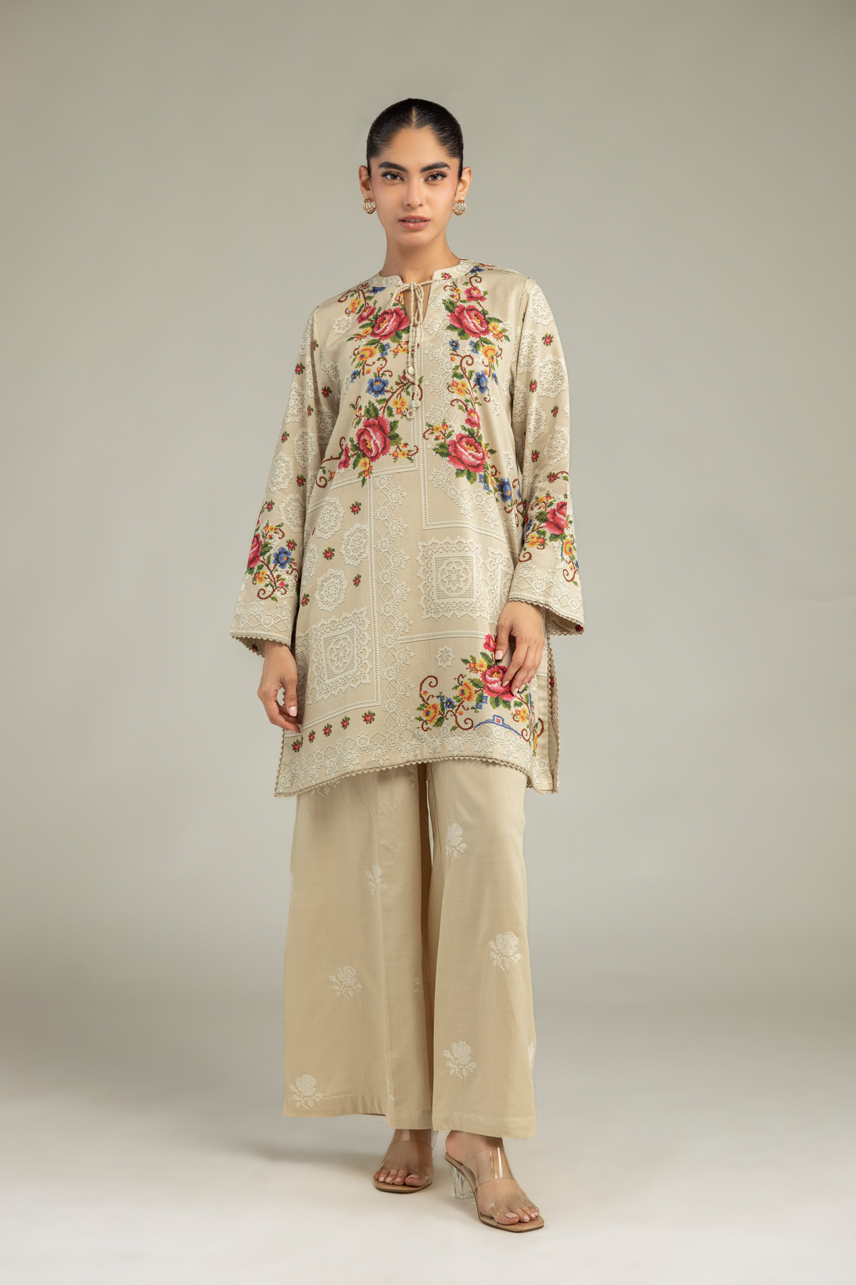 Embroidered Raw Silk Beige Floral Pants - 1-26-102-A-F-VG