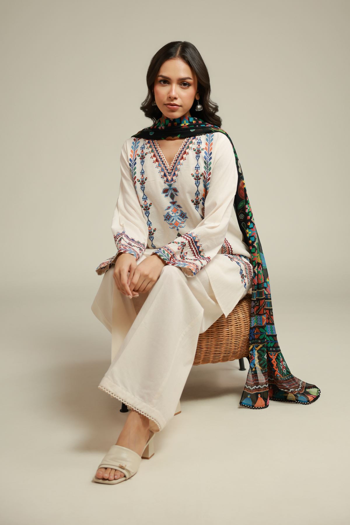 Embroidered Cambric 3-Piece Tailored Set - 2-26-107-A-F-VG