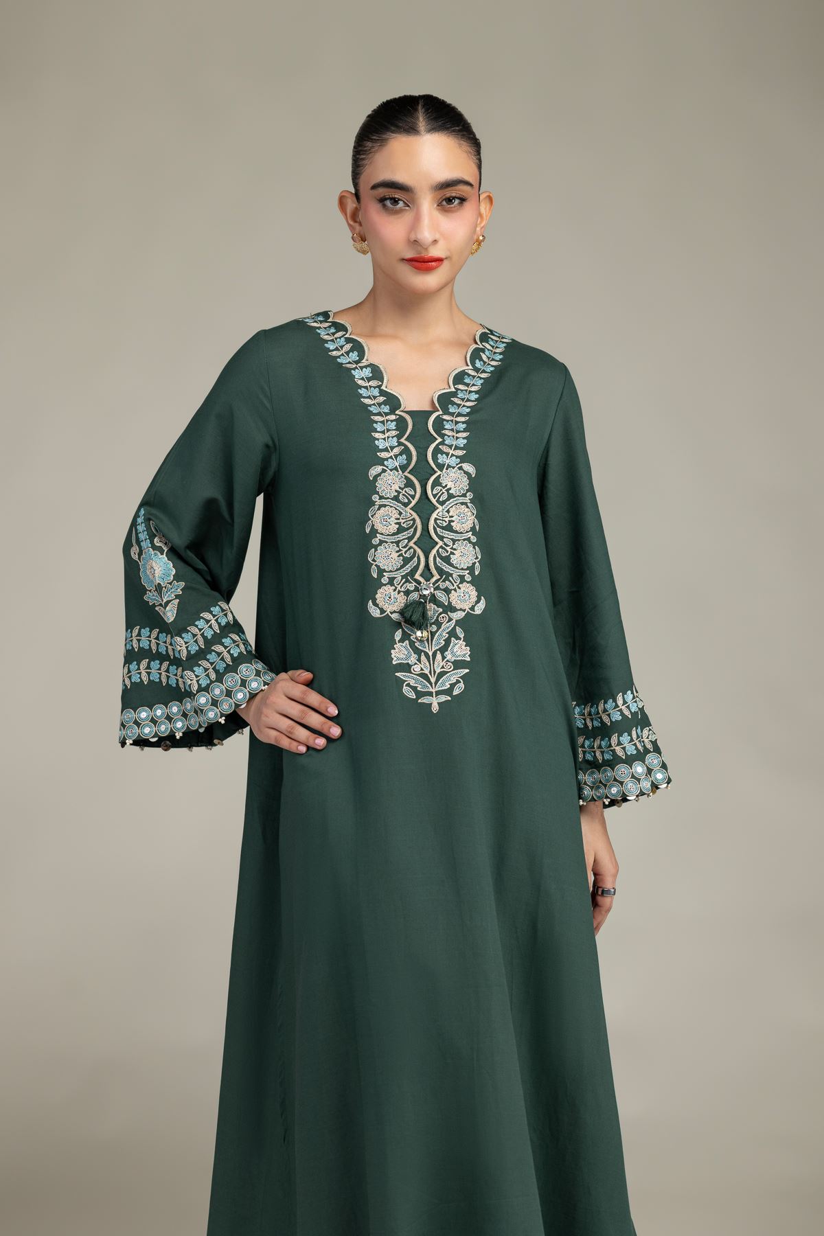 Embroidered Raw Silk Green Floral Kurta - 2-26-201-A-C-VG