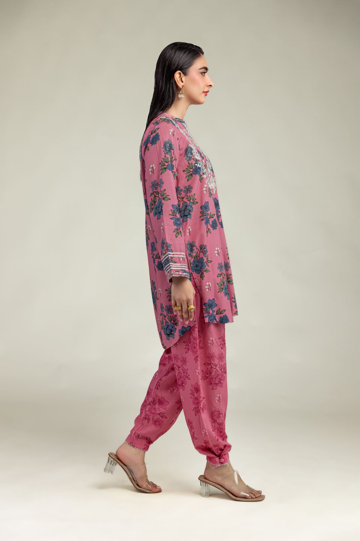 Embroidered Raw Silk Floral Pink Shalwar - 2-26-201-A-E-VG