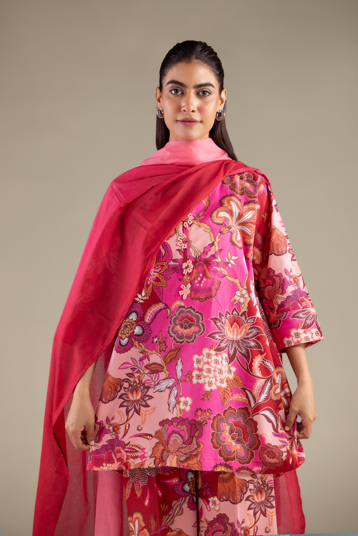 Printed Lawn Solid Draped Dupatta - 1-26-129-A-C-VG