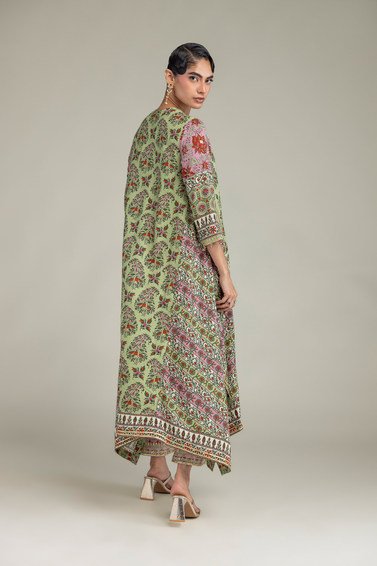 Embroidered Raw Silk Long Green Kurta - A22-26-214FH1-VG