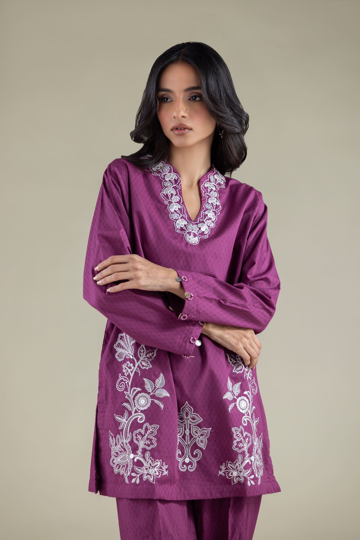 Embroidered Cotton Dobby Floral V-Neck Kurta - 25-00-X2-08TB-VG