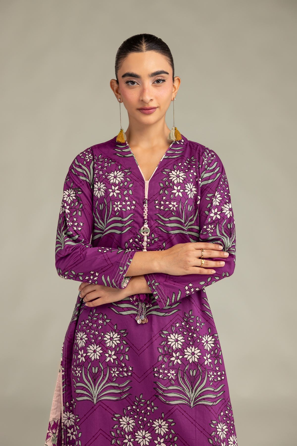 Printed Cambric V-Neck Longline Kurta - 2-26-308-A-G1-VG