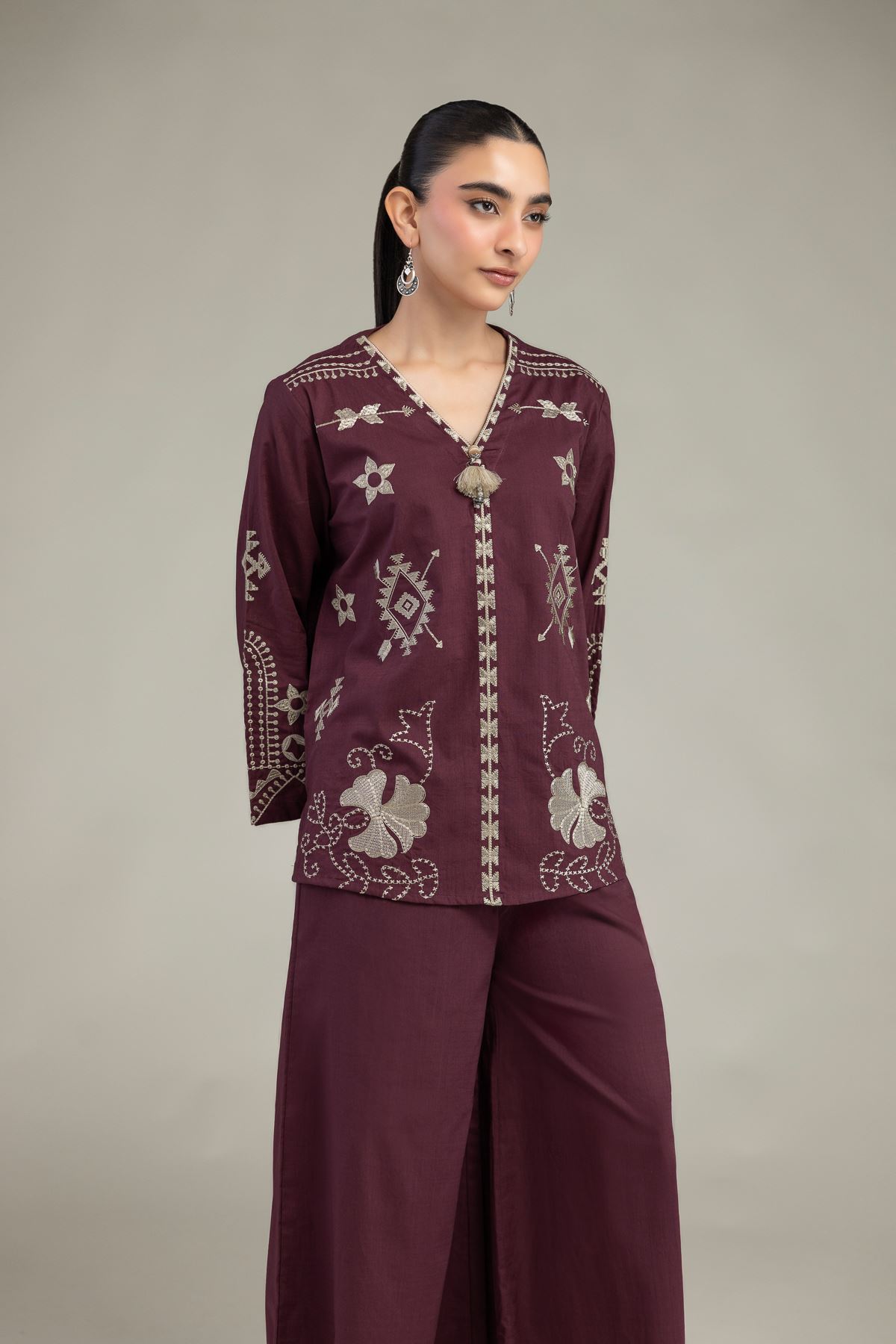 Embroidered Textured Cotton V-Neck Geometric Blouse - 6-26-204-A-D2-VG