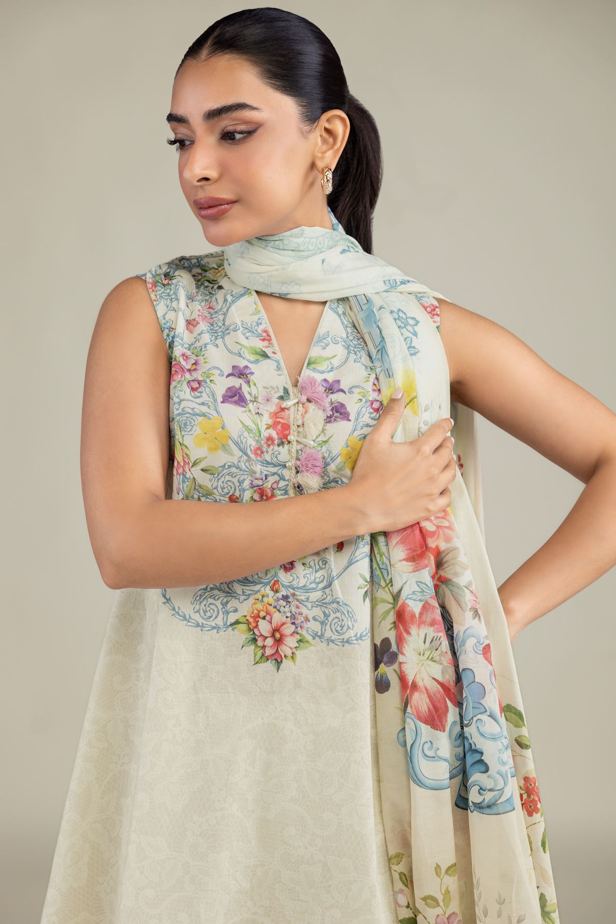 Printed Lawn Floral Lawn Dupatta - 1-26-229-B-F1-VG