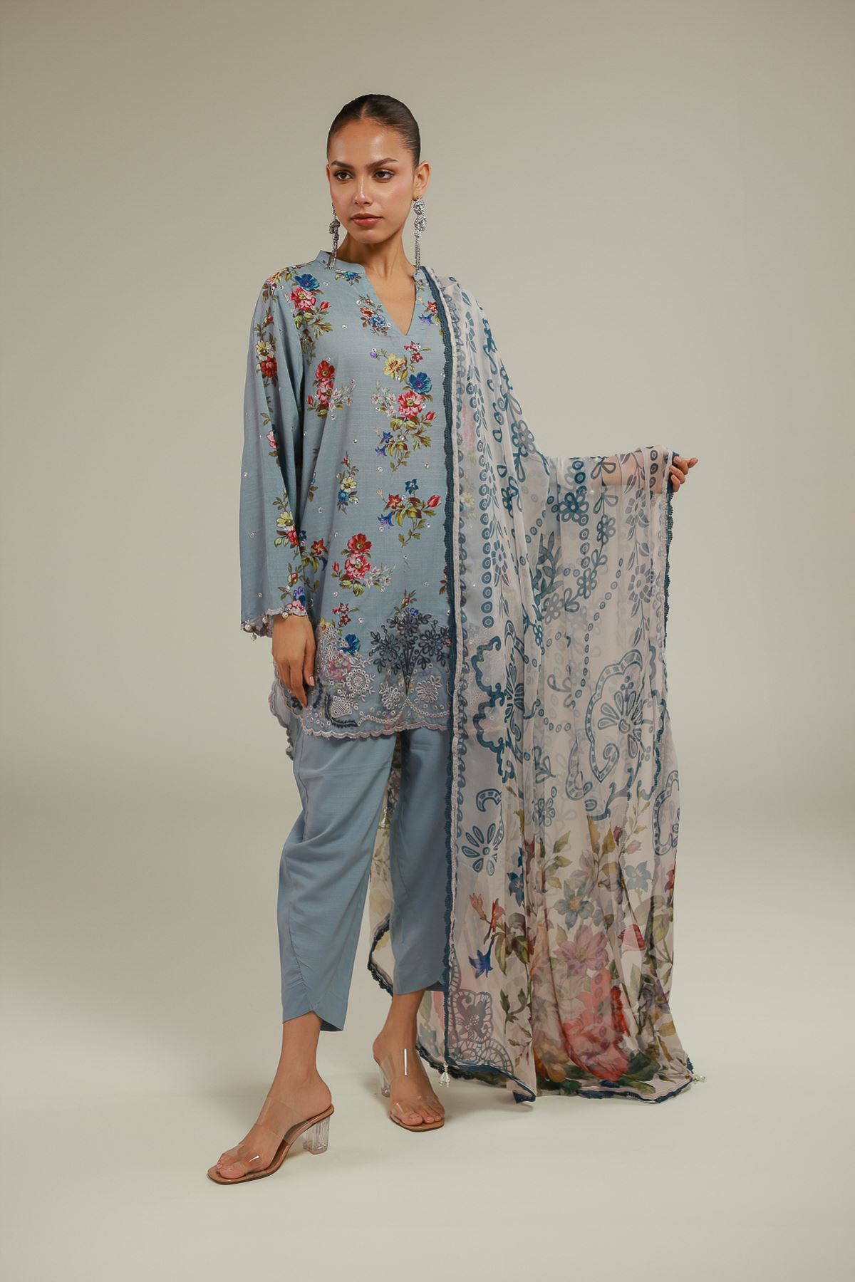 Embroidered Chiffon Floral Draped Dupatta - 2-26-101-A-D-VG