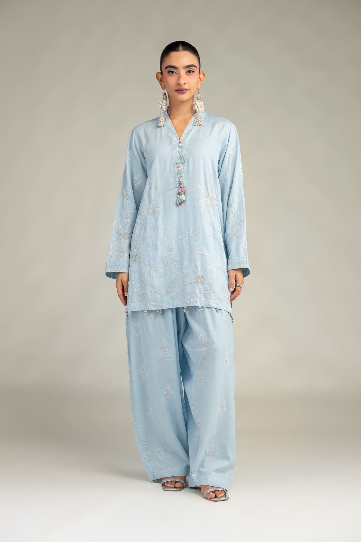 Embroidered Raw Silk Blue Floral Kurta - 1-26-322-B-A1-VG