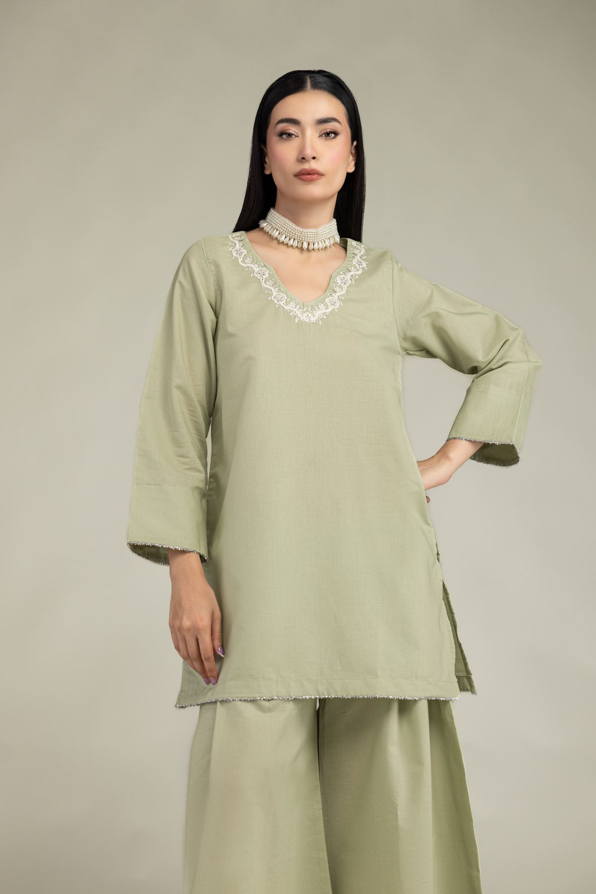 Embroidered Mesuri V-Neck Mint Kurta - 1-26-205-A-F1-VG