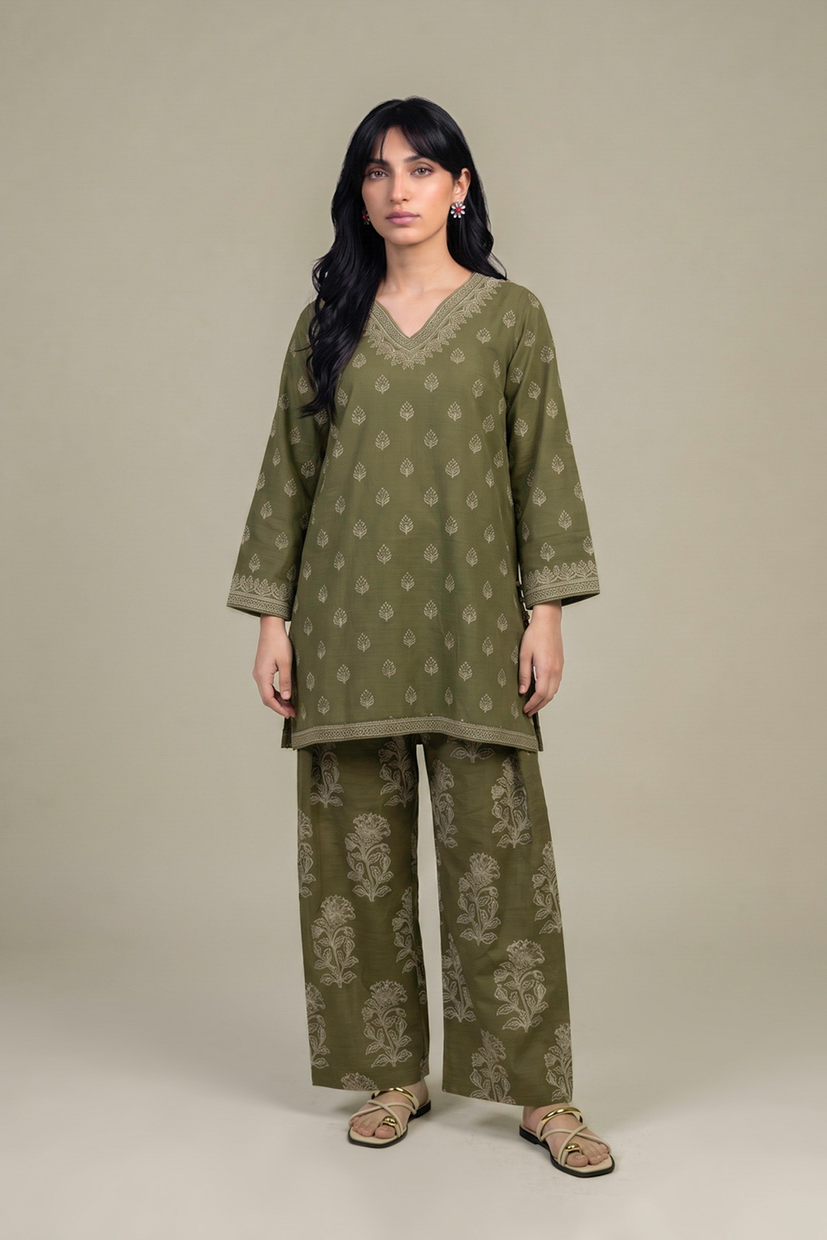 Printed Light Khaddar Printed Olive Kurta - 2-26-308-A-G1-VG