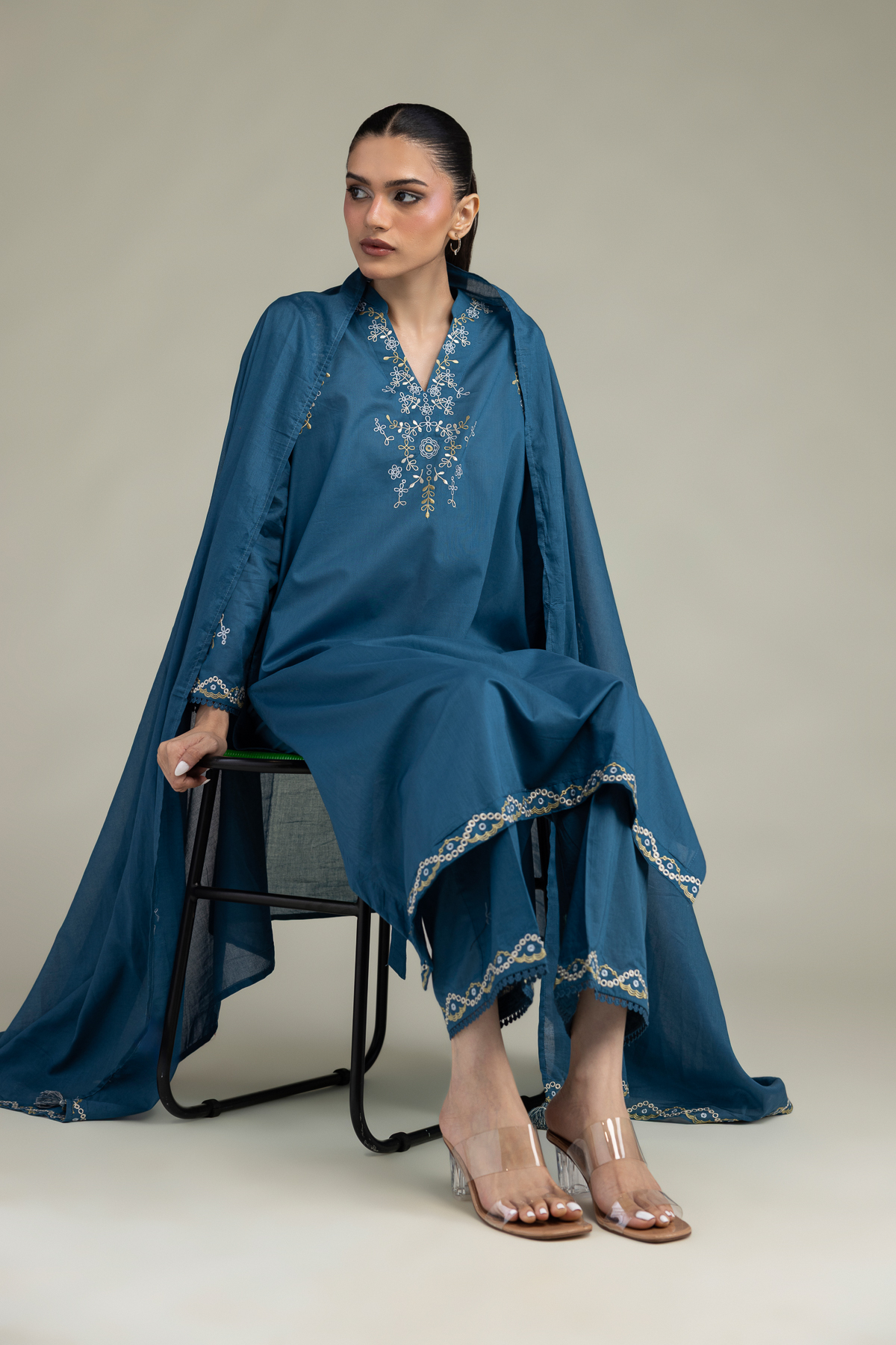Embroidered Cambric Floral Longline Kurta - 1-26-323-B-A2-VG