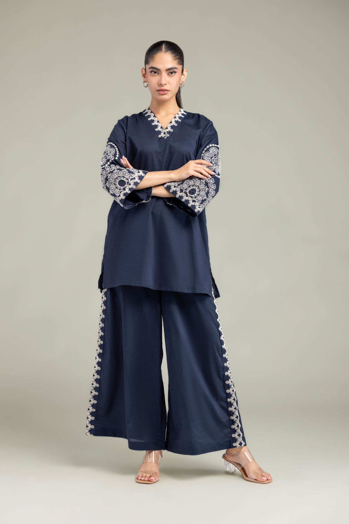 Embroidered Cambric Solid Navy Pants - 1-26-102-A-F-VG
