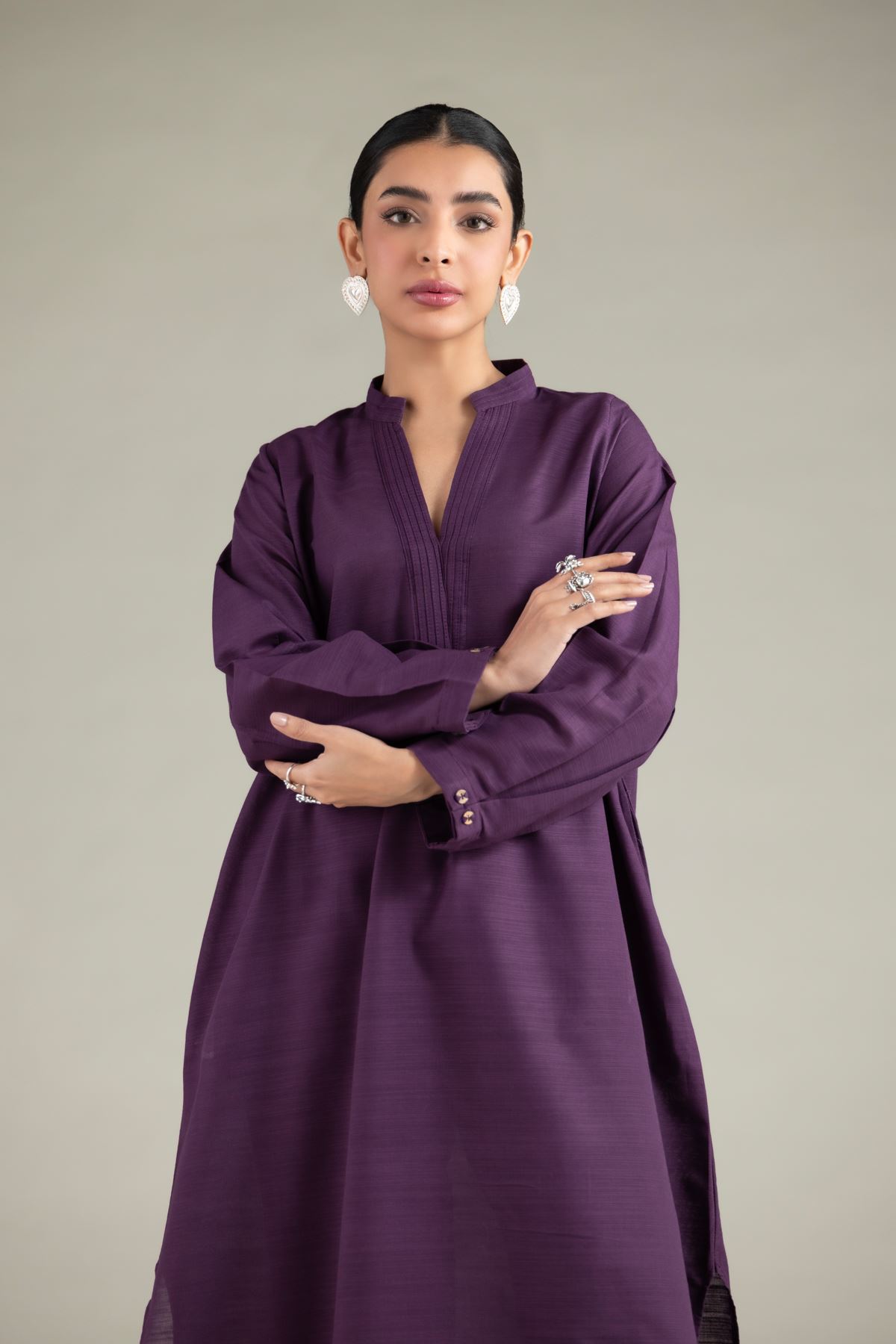 Dyed Textured Cotton Long V-Neck Kurta - 1-26-129-A-E-VG