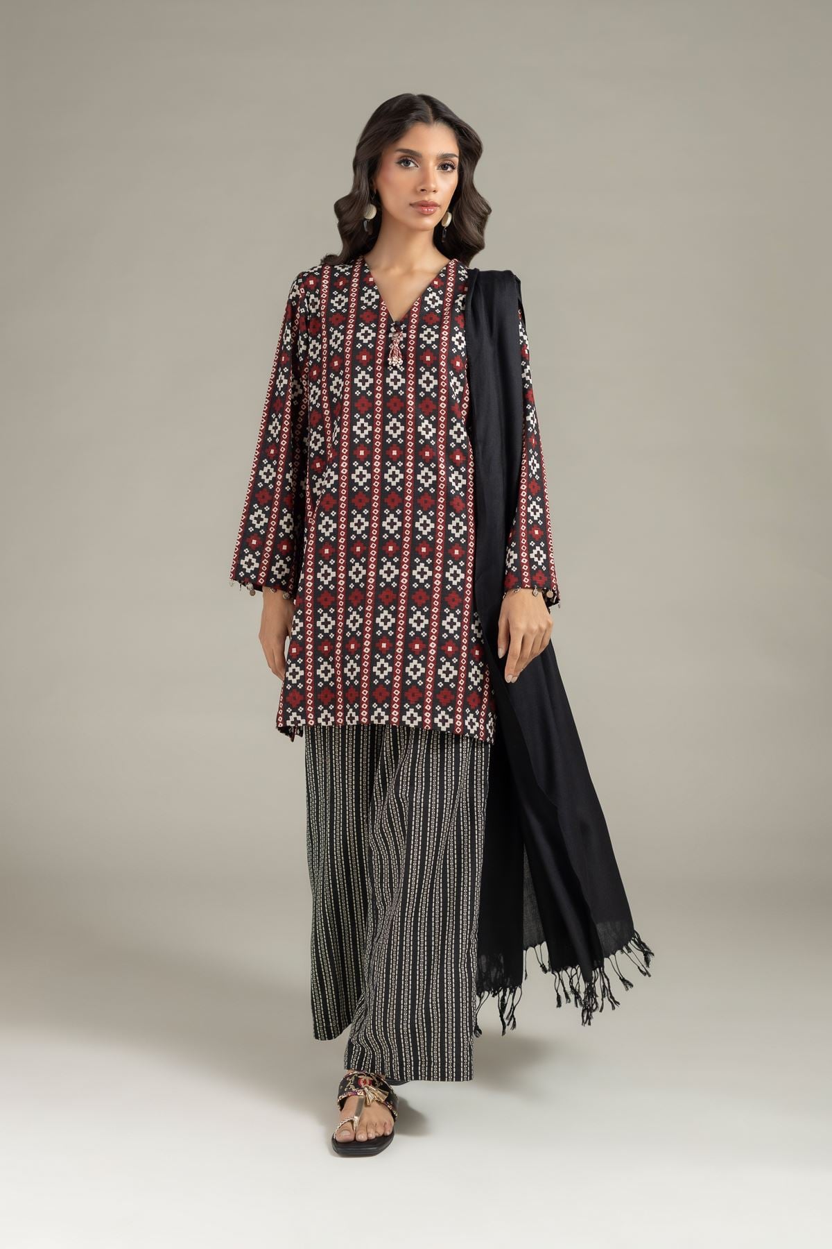 Printed Khaddar Relaxed Striped Pants - 25-10-12E10-05TB-VG