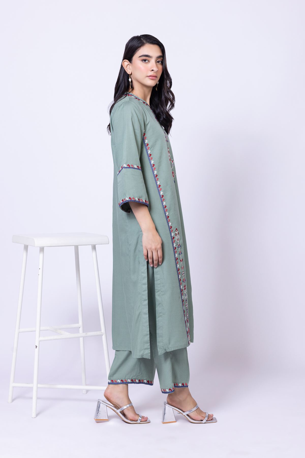 Embroidered Dull Raw Silk Pants - 25-09-10E1-09TB-VG