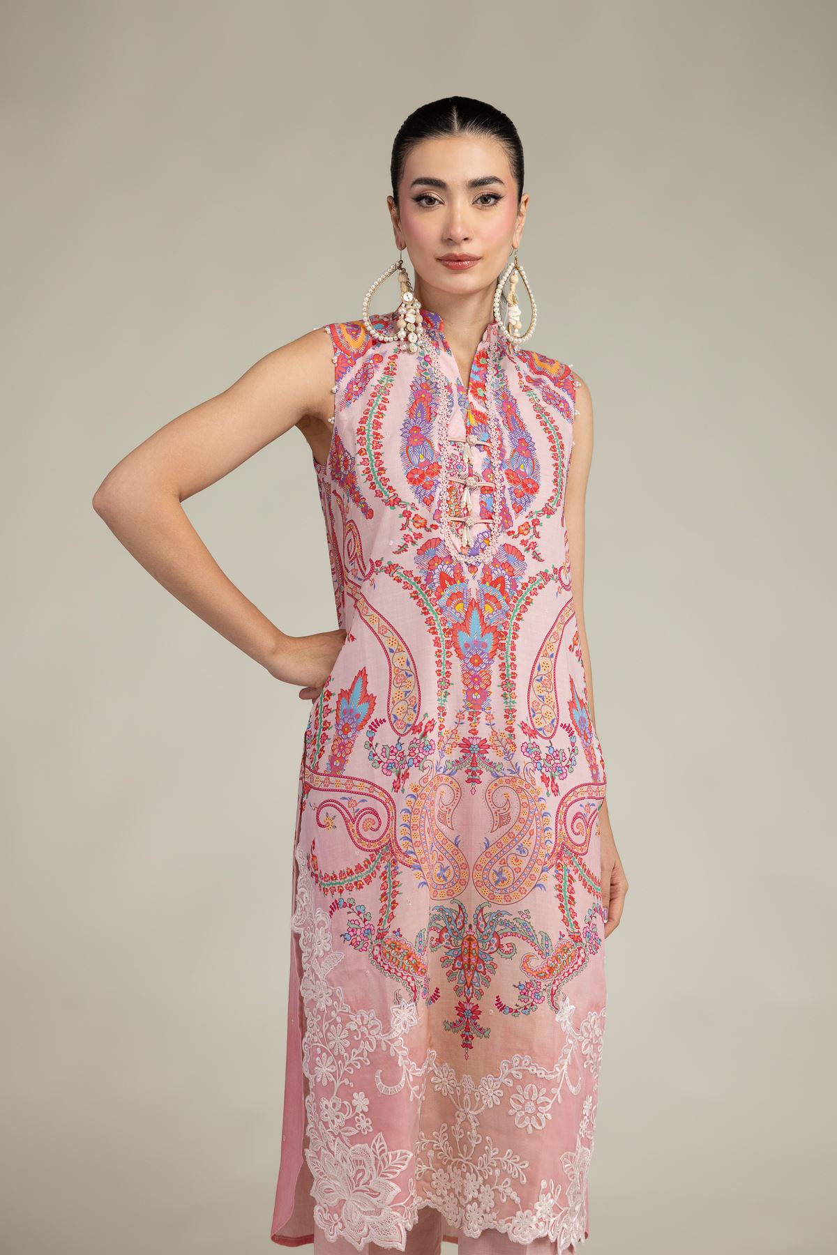 Embroidered Raw Silk Pink Floral Kurta - 2-26-212-A-F1-VG