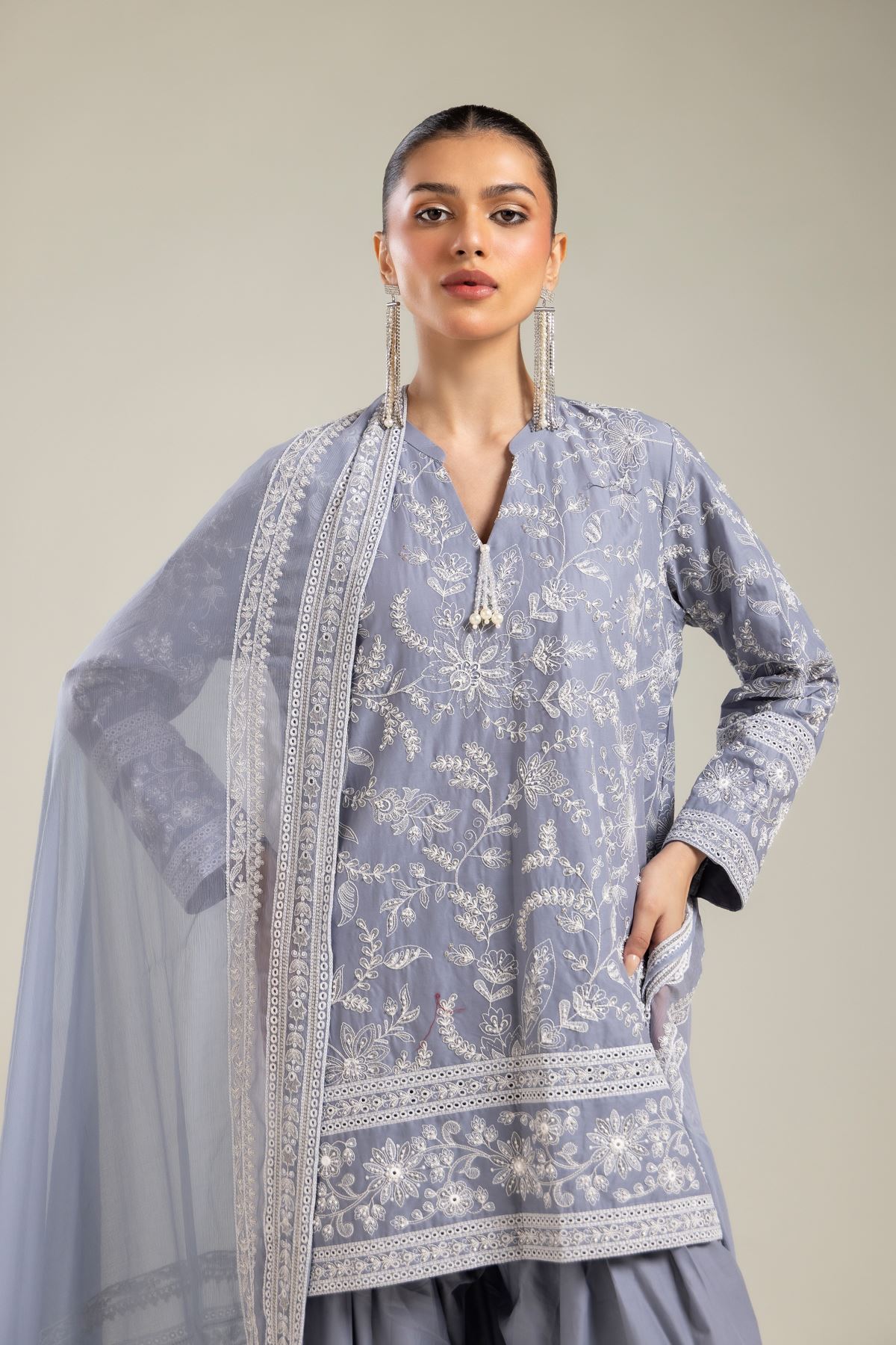Embroidered Raw Silk 3 Piece Co-ord Set - 25-09-11E3-11TB-VG