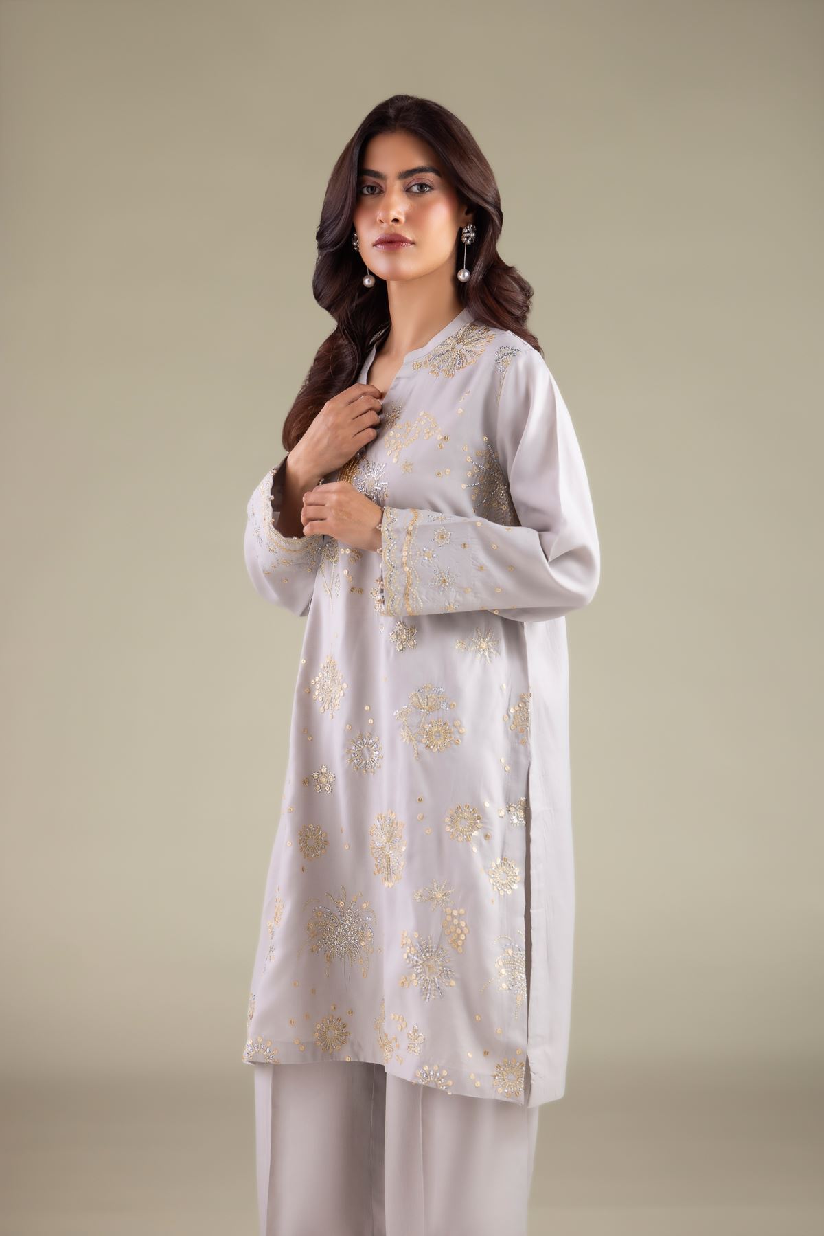 Embroidered Raw Silk Band Collar Kurta - 1-26-115-A-C-VG
