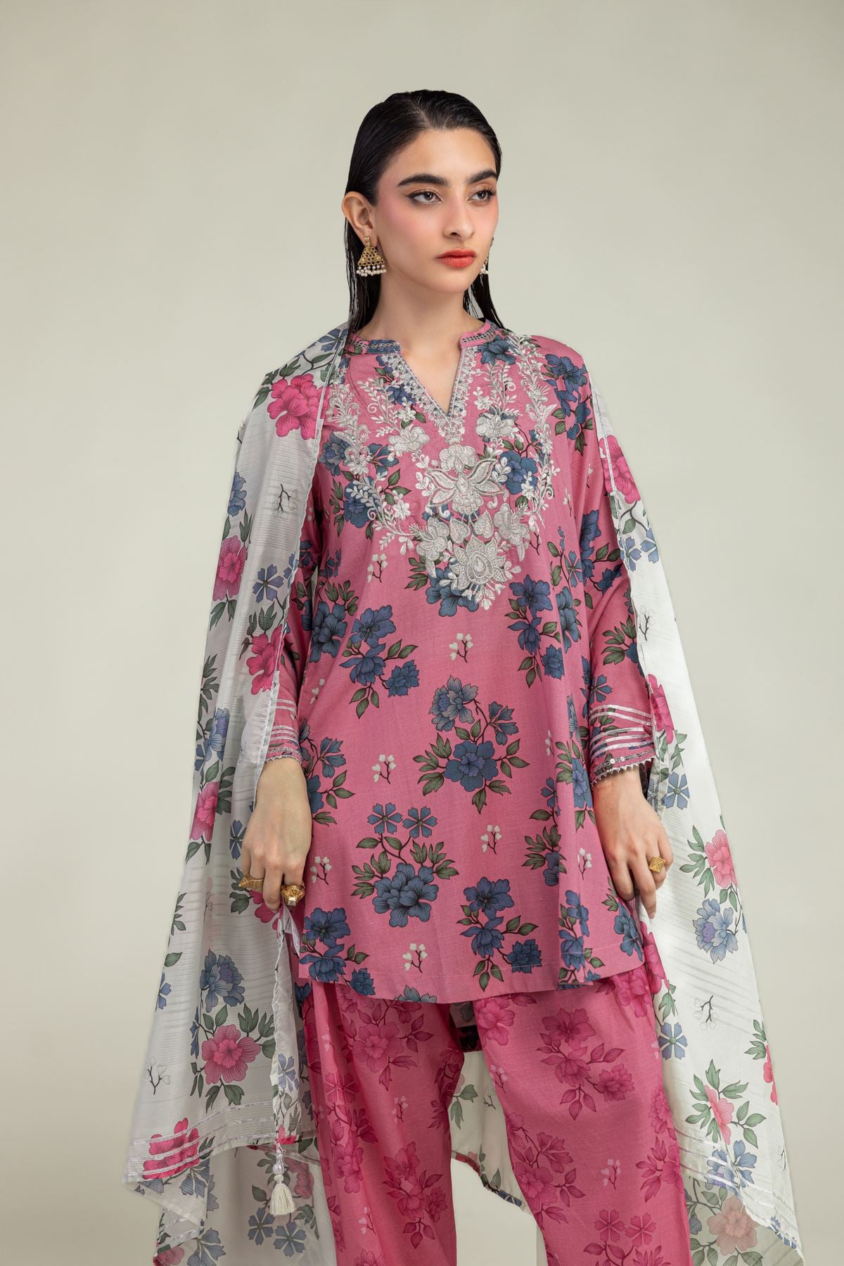 Embroidered Raw Silk Floral V-Neck Kurta - 1-26-325-B-G2-VG