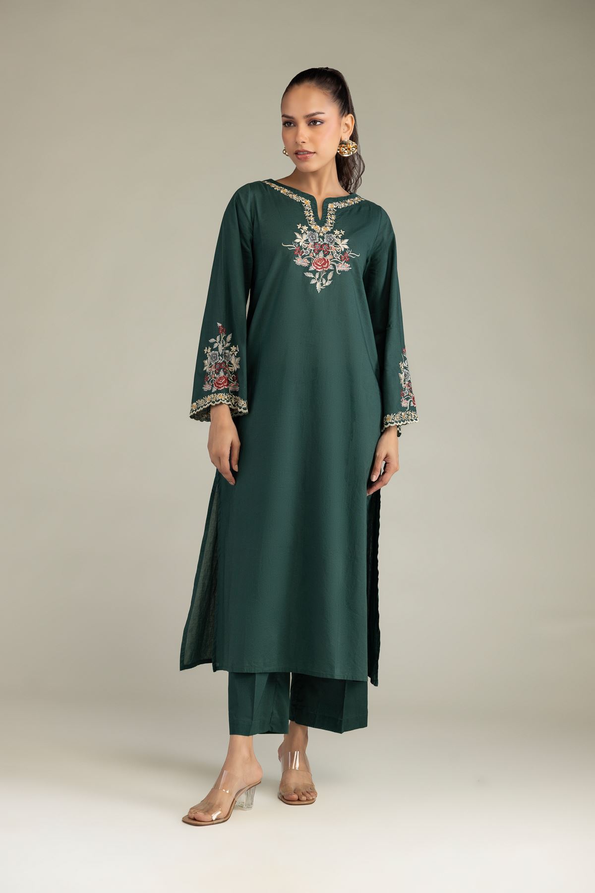 Embroidered Cambric Solid Green Pants - 1-26-328-B-A1-VG