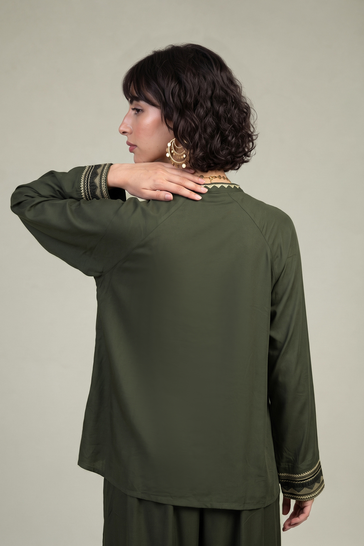 Embroidered Viscose Crepe V-Neck Olive Tunic - 1-26-309-B-D1-VG