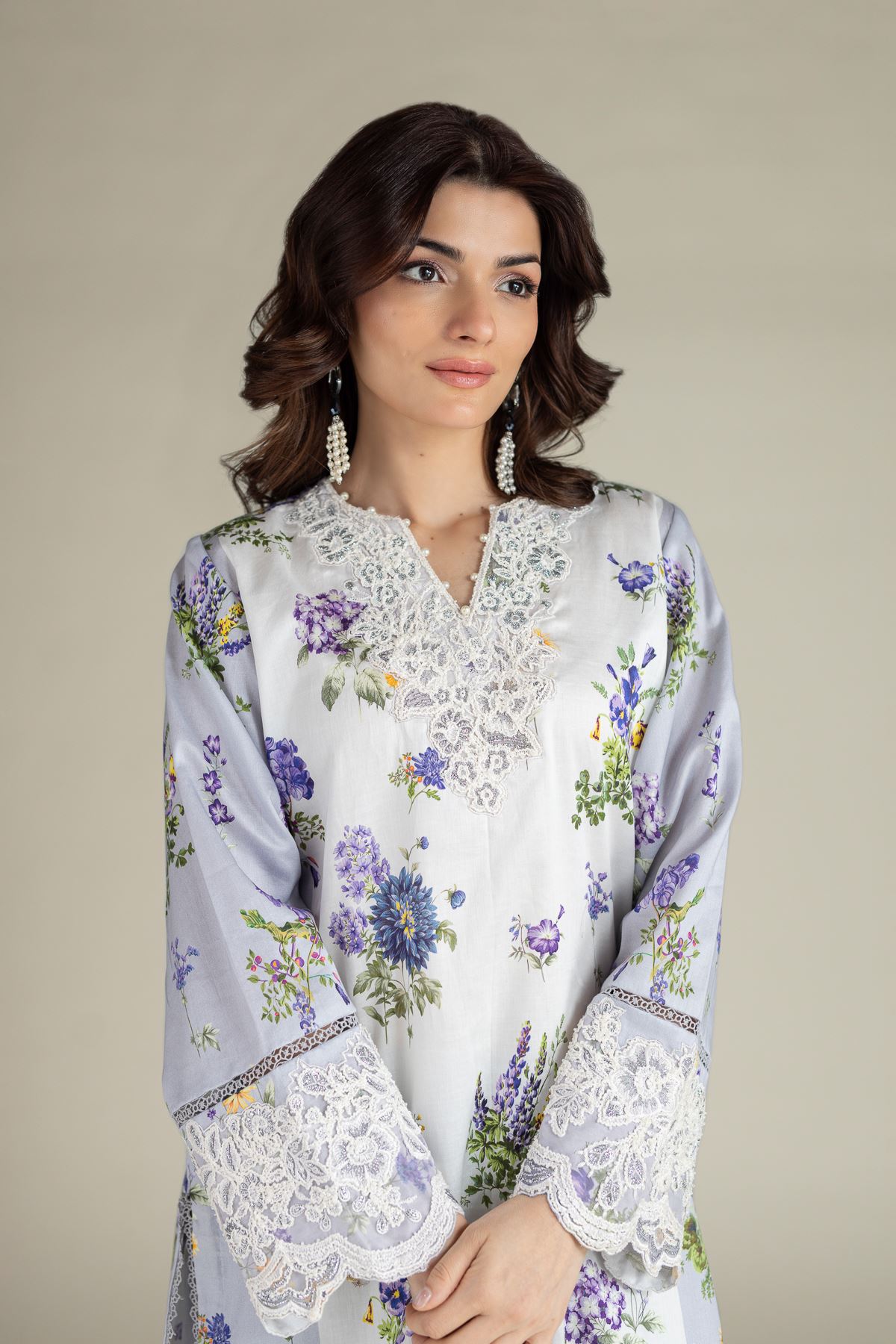 Embroidered Satin Tailored 2 Piece | Top and Bottom - T-A22-26-101FE-VG