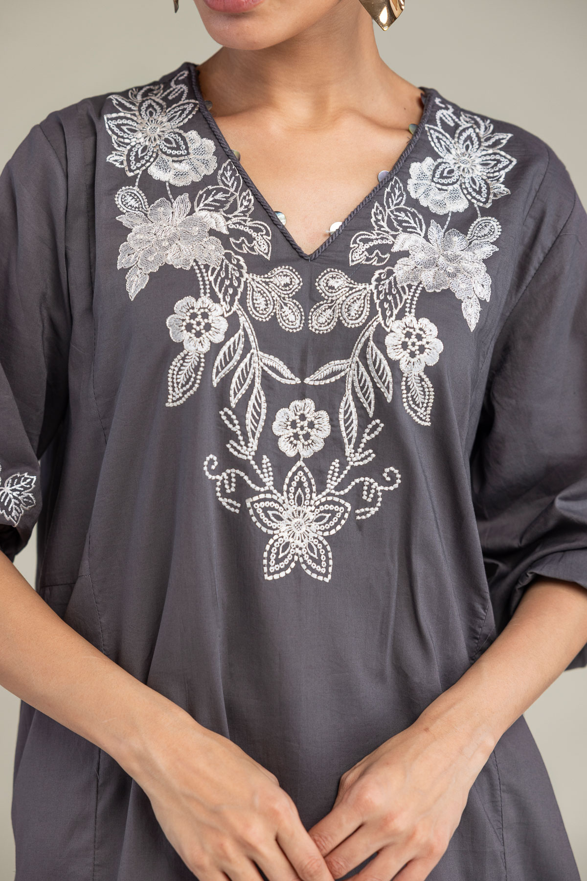 Embroidered Cambric Gray V-neck Kurta - 1-26-102-A-F-VG