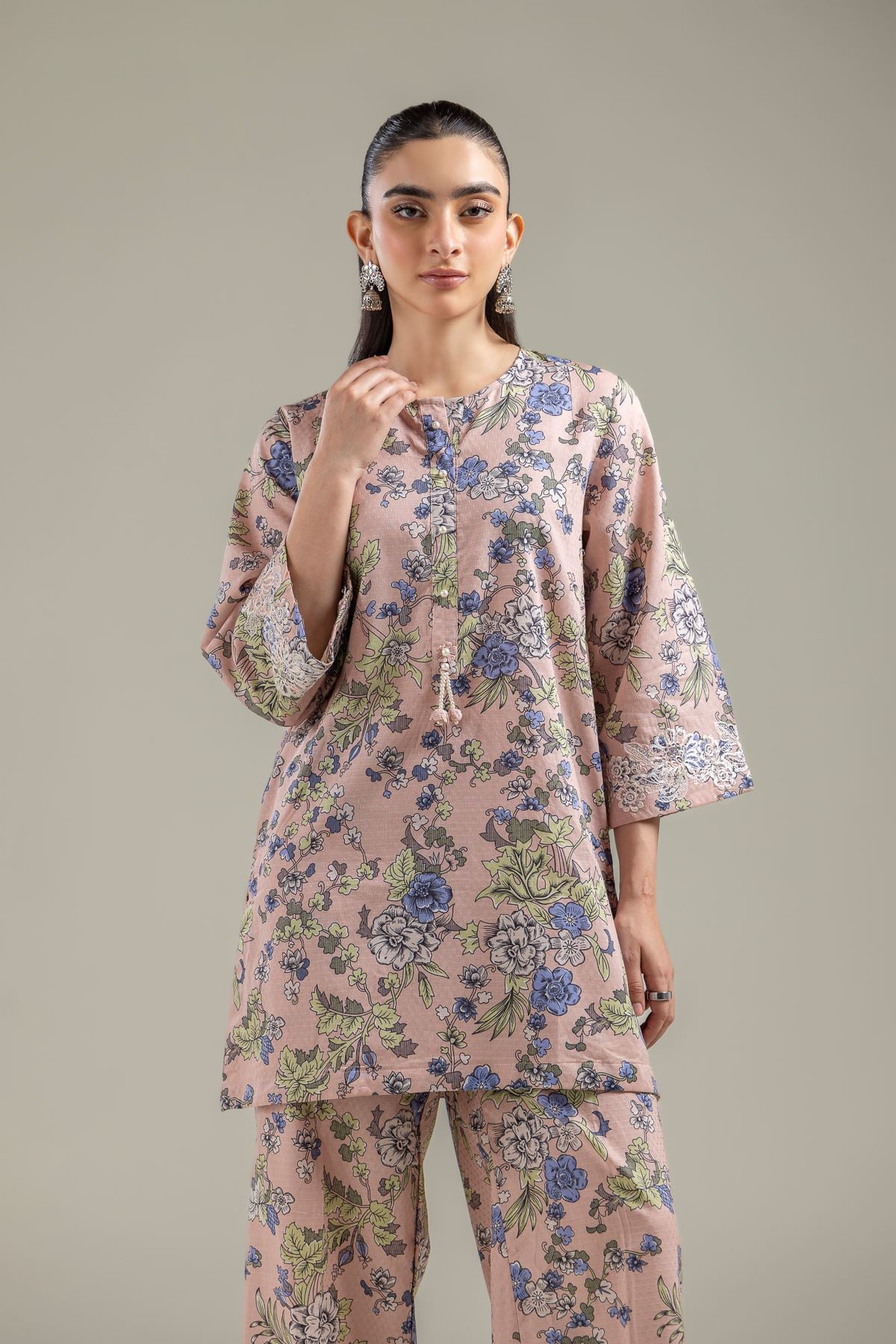 Embroidered Cotton Dobby Floral Peach Kurta - T-A22-26-120FG1-VG