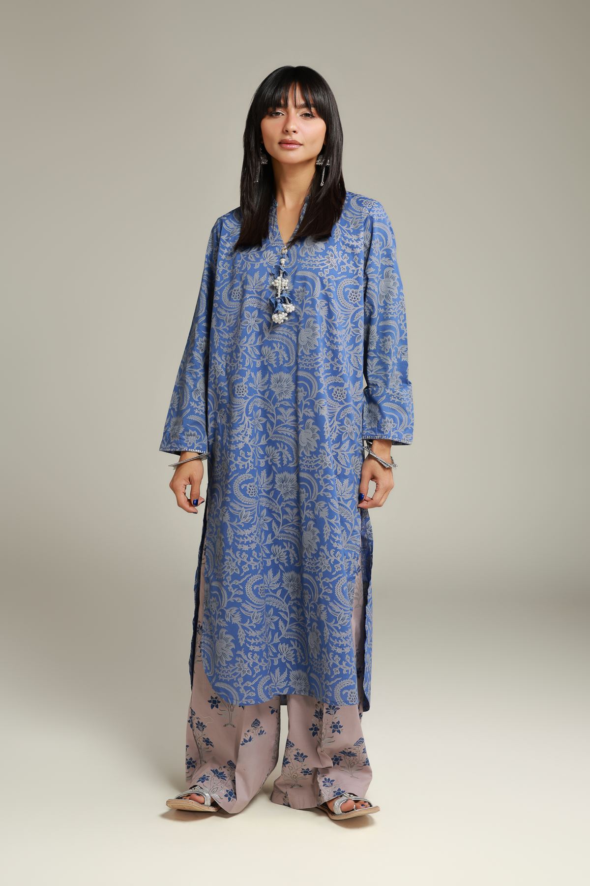 Printed Cambric Floral Longline Kurta - 26-02-1E13-06TA-VG