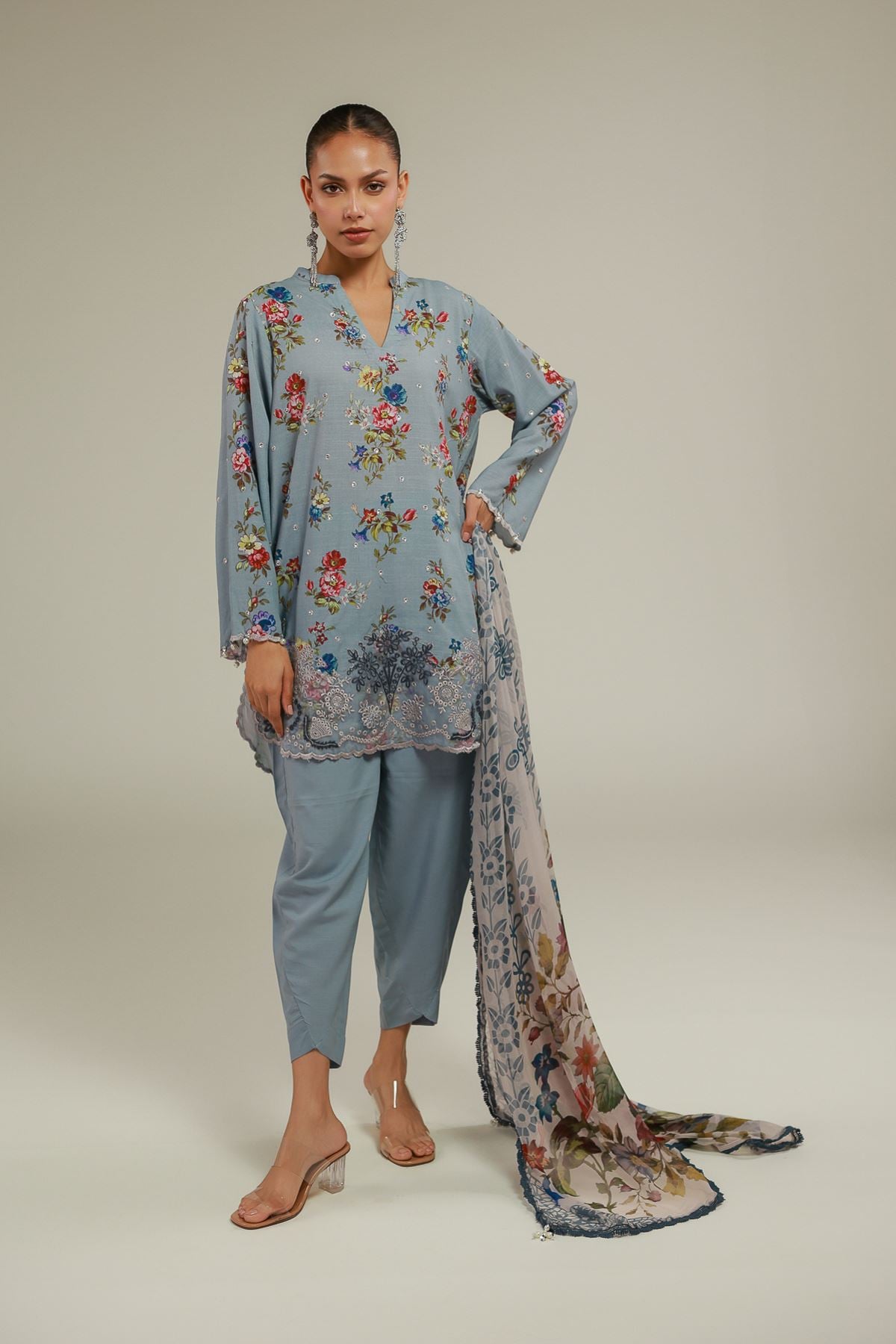 Embroidered Raw Silk Blue Silk Pants - 1-26-114-A-E-VG